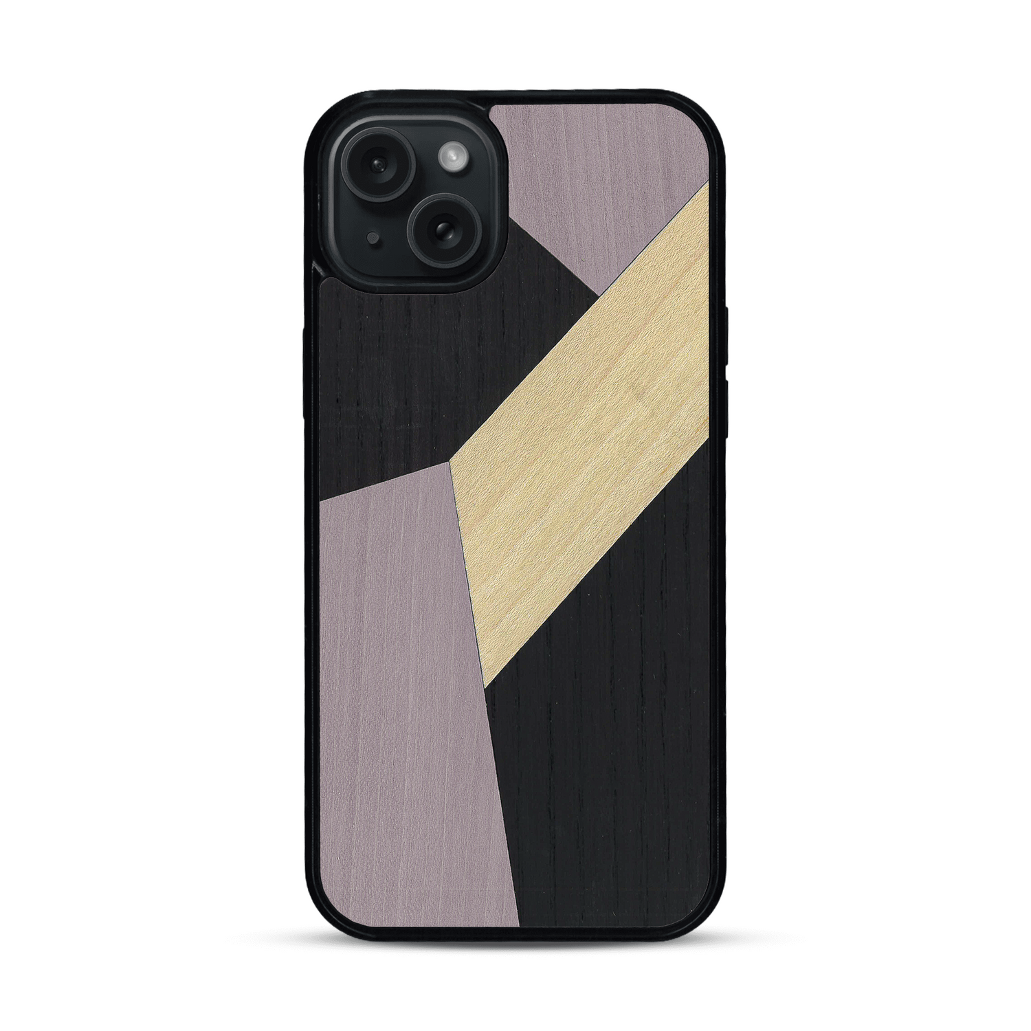 Coque de protection en bois véritable fabriquée en France pour  alliant du bambou, du tulipier mauve et noir en forme de mosaïque minimaliste sur le thème de l'art abstrait
