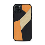Coque de protection en bois véritable fabriquée en France pour  alliant du bambou, du tulipier orange et noir en forme de mosaïque minimaliste sur le thème de l'art abstrait