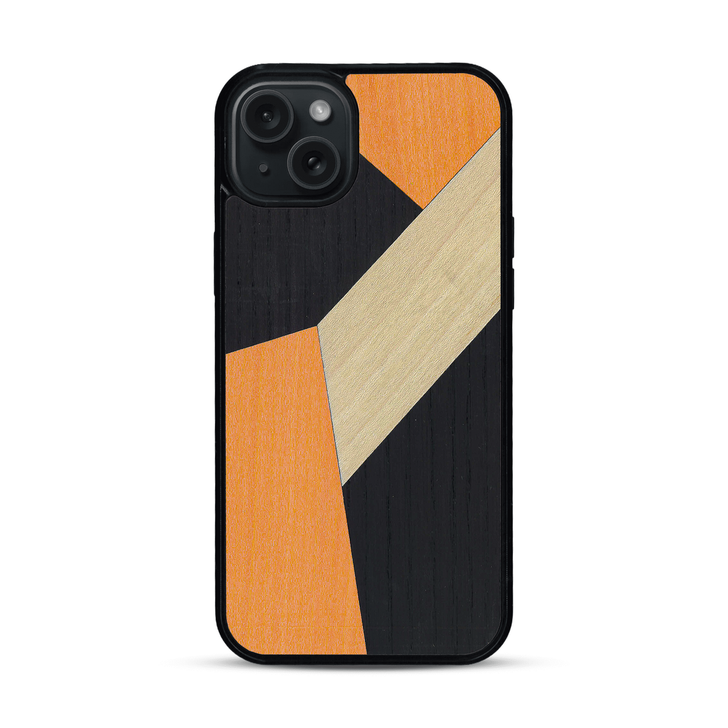 Coque de protection en bois véritable fabriquée en France pour  alliant du bambou, du tulipier orange et noir en forme de mosaïque minimaliste sur le thème de l'art abstrait