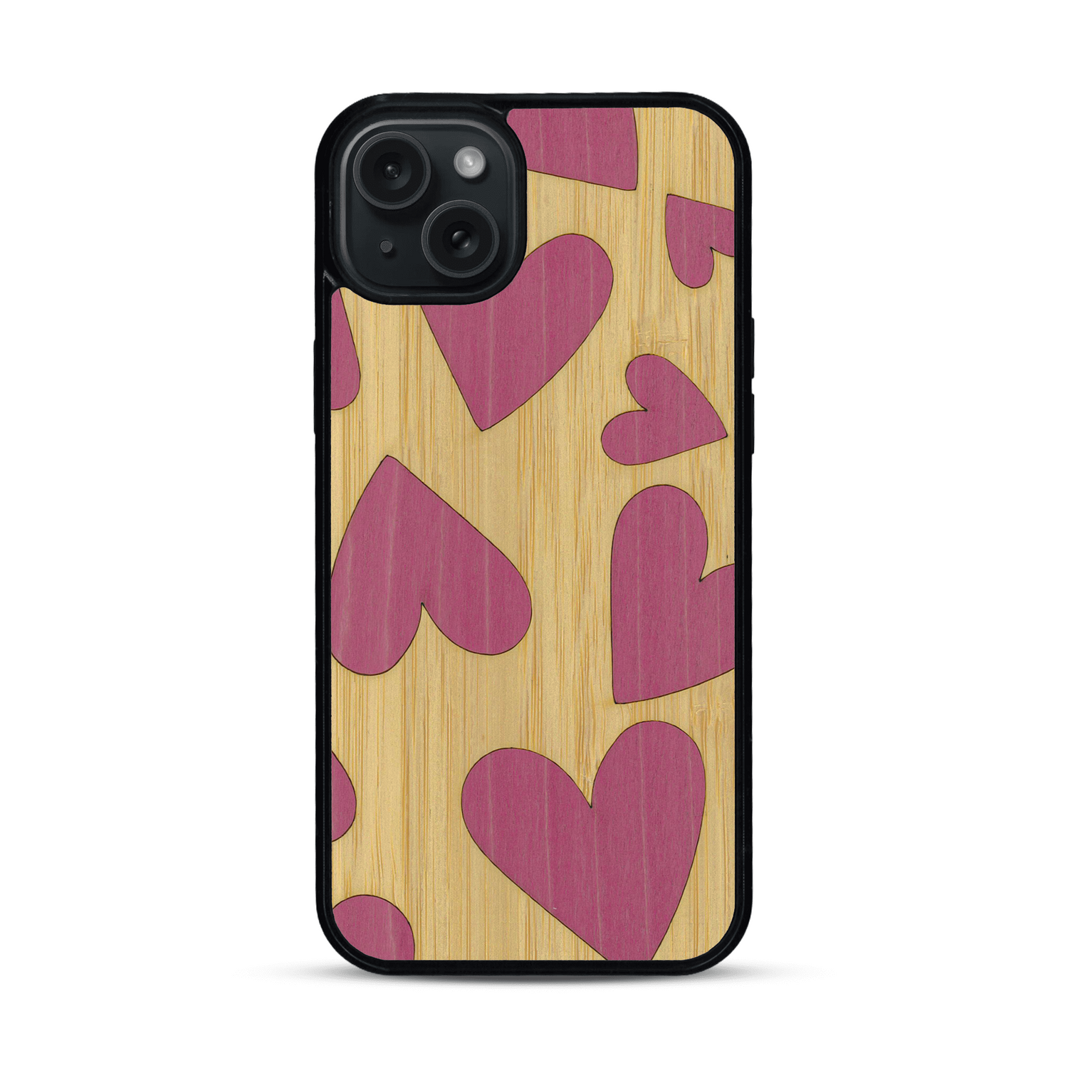 Coque de protection en bois véritable fabriquée en France pour  alliant plusieurs essences de bois pour représenter des coeurs pour les amoureux