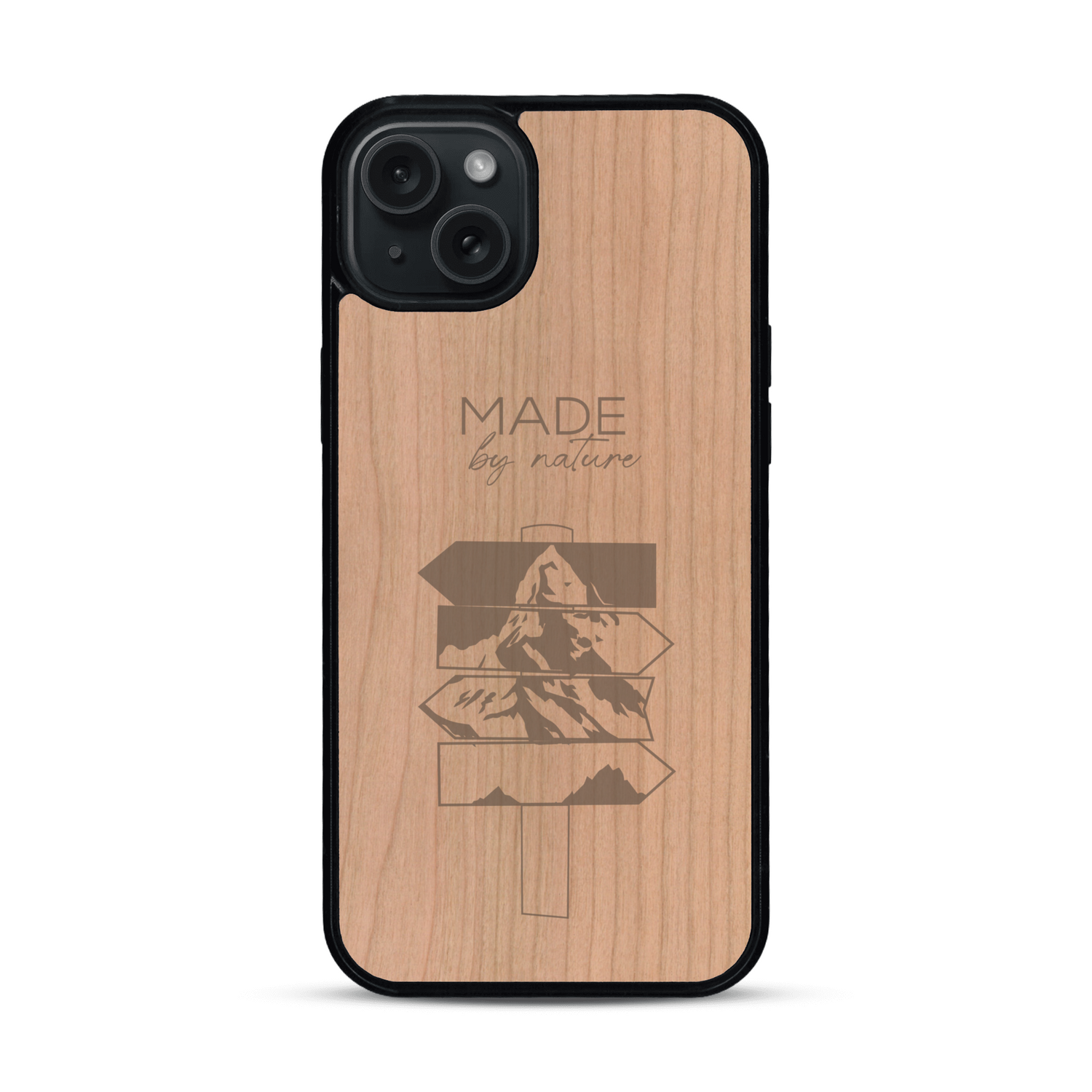 Coque de protection en bois véritable fabriquée en France pour  sur le thème de la nature et des arbres avec une gravure représentant une pomme de pin et la phrase "made by nature"