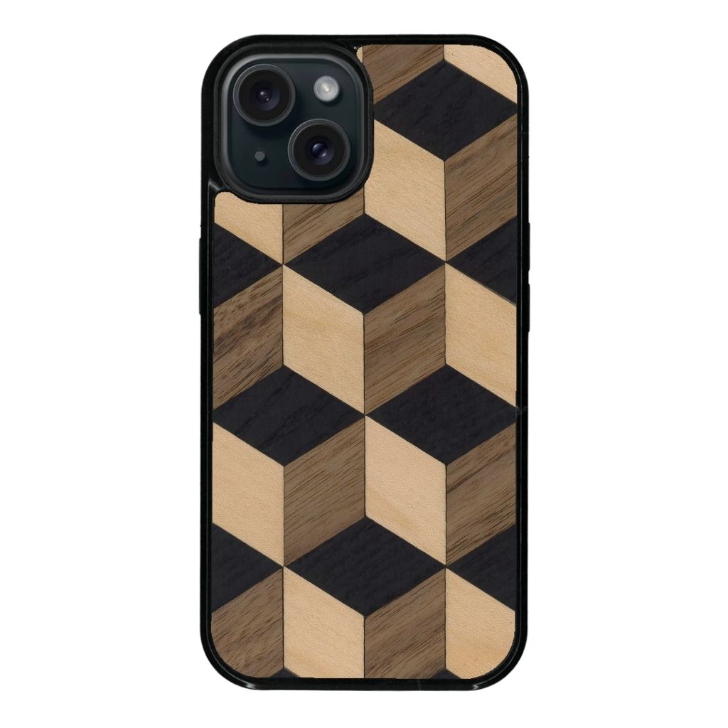 Coque de protection en bois véritable fabriquée en France pour iPhone 15 Plus + MagSafe® alliant plusieurs essences de bois pour représenter un classique intemporel de la marqueterie