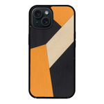 Coque de protection en bois véritable fabriquée en France pour iPhone 15 Plus + MagSafe® alliant du bambou, du tulipier orange et noir en forme de mosaïque minimaliste sur le thème de l'art abstrait