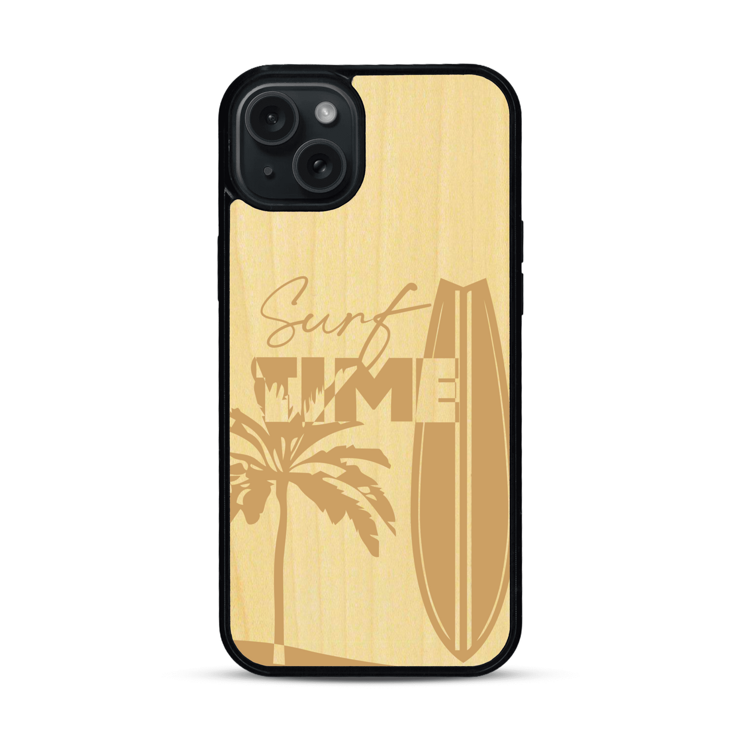 Coque de protection en bois véritable fabriquée en France pour  sur le thème chill avec un motif représentant une silouhette tenant une planche de surf sur une plage entouré de palmiers et les mots "Surf Time Long Beach Miami"