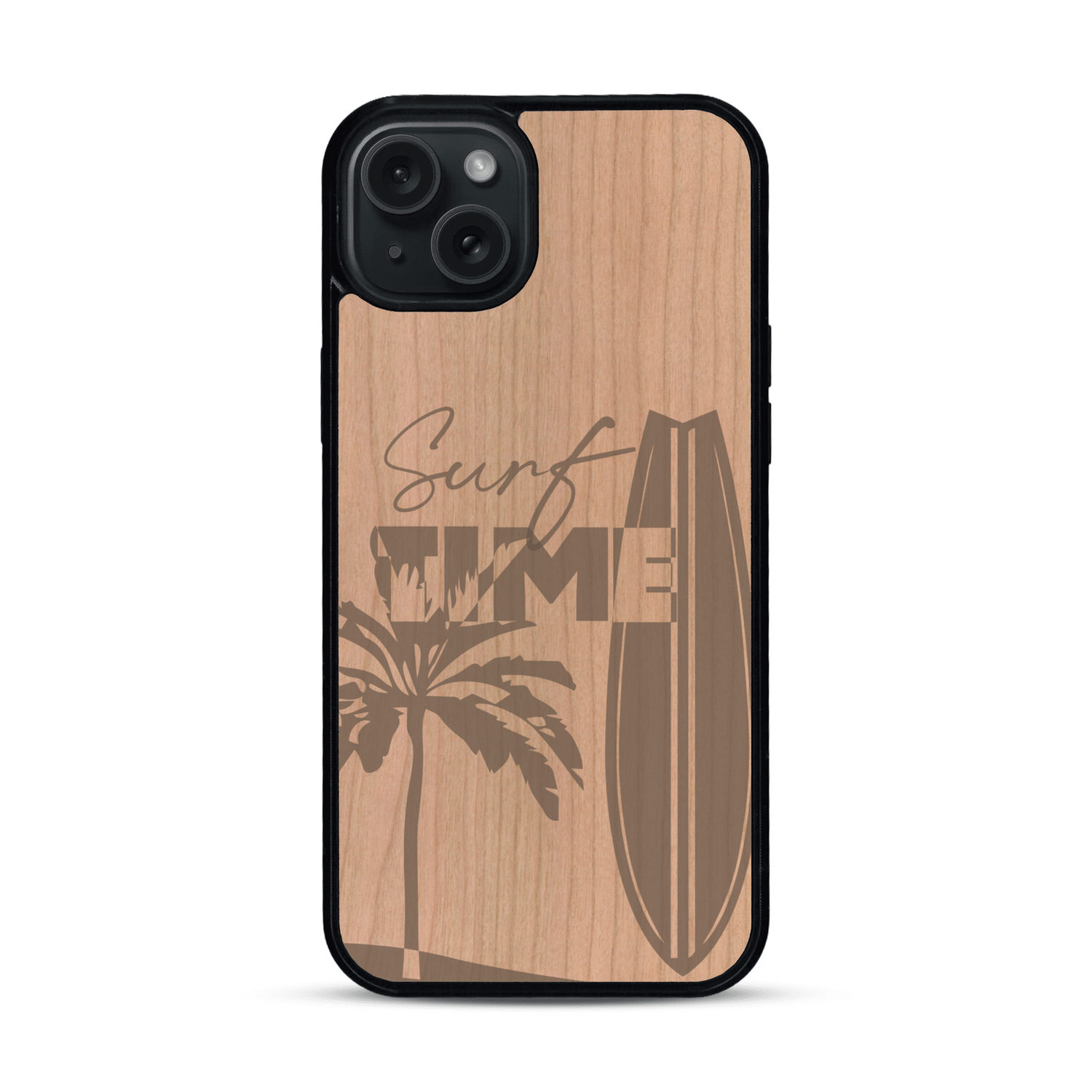 Coque de protection en bois véritable fabriquée en France pour  sur le thème chill avec un motif représentant une silouhette tenant une planche de surf sur une plage entouré de palmiers et les mots "Surf Time Long Beach Miami"