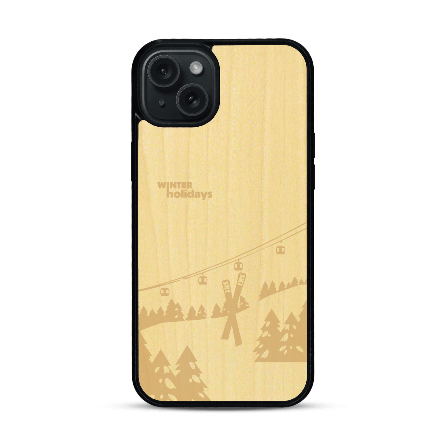 Coque de protection en bois véritable fabriquée en France pour  sur le thème de la montagne, du ski et de la neige avec un motif représentant une paire de ski plantée dans la neige avec en fond des montagnes enneigées