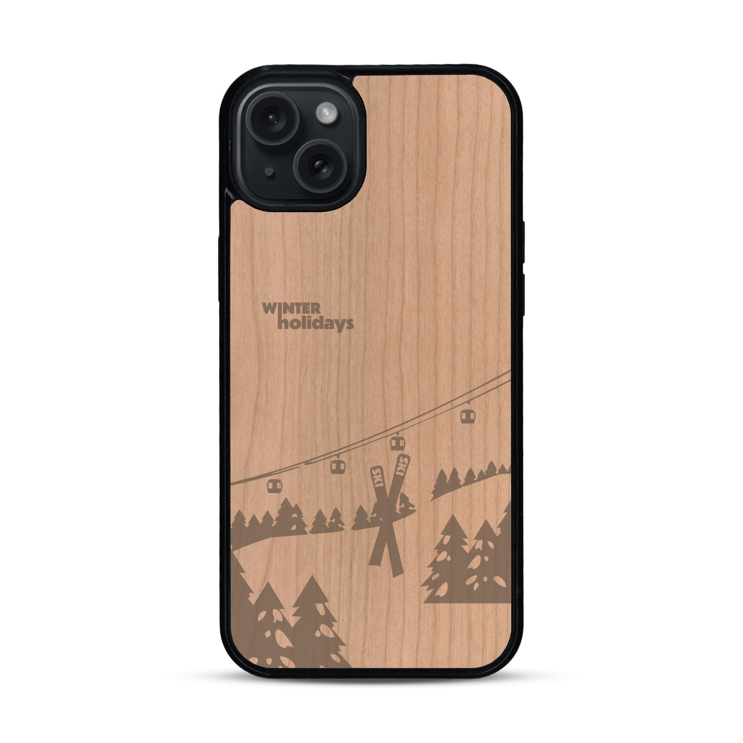 Coque de protection en bois véritable fabriquée en France pour  sur le thème de la montagne, du ski et de la neige avec un motif représentant une paire de ski plantée dans la neige avec en fond des montagnes enneigées