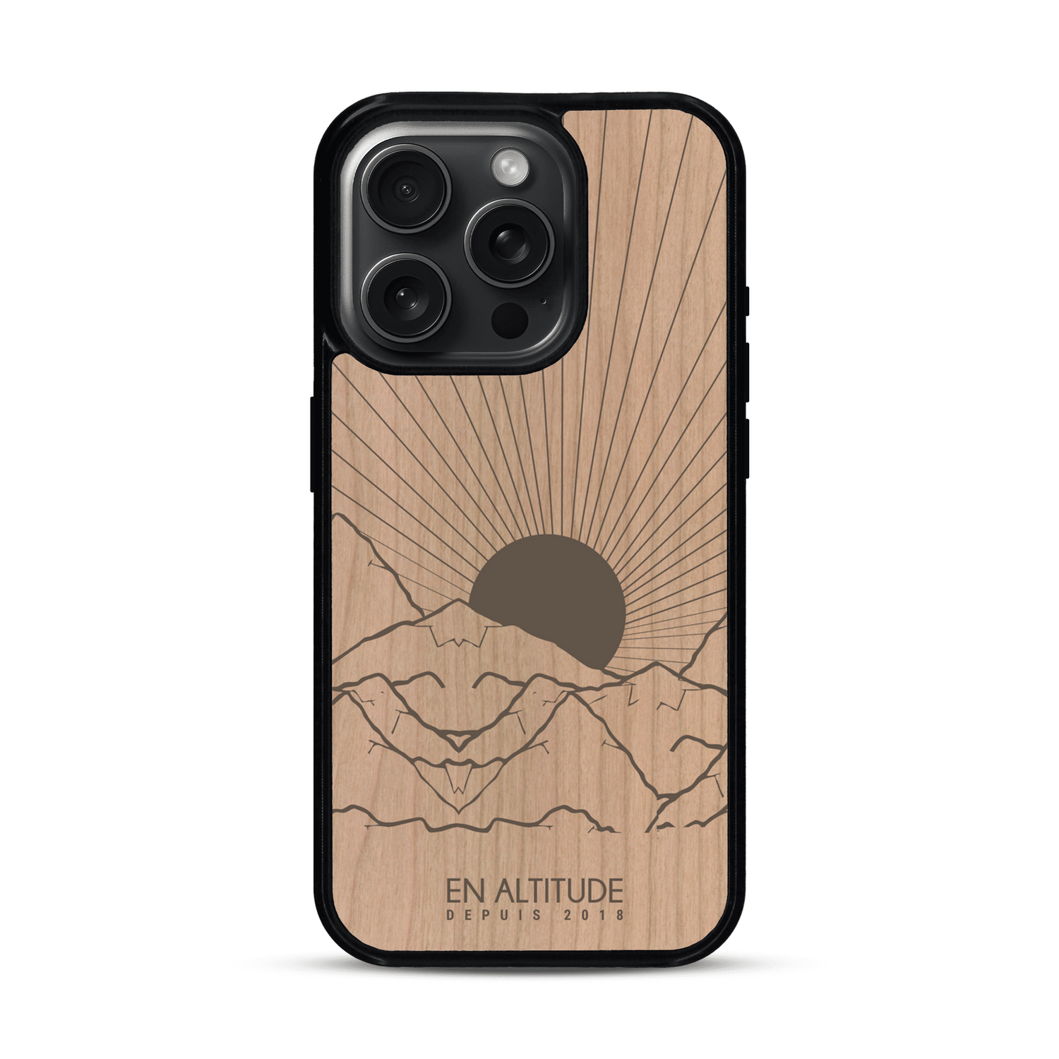 Coque de protection en bois véritable fabriquée en France pour  représentant des montagnes, sur le thème de la randonnée en pleine nature et du trail