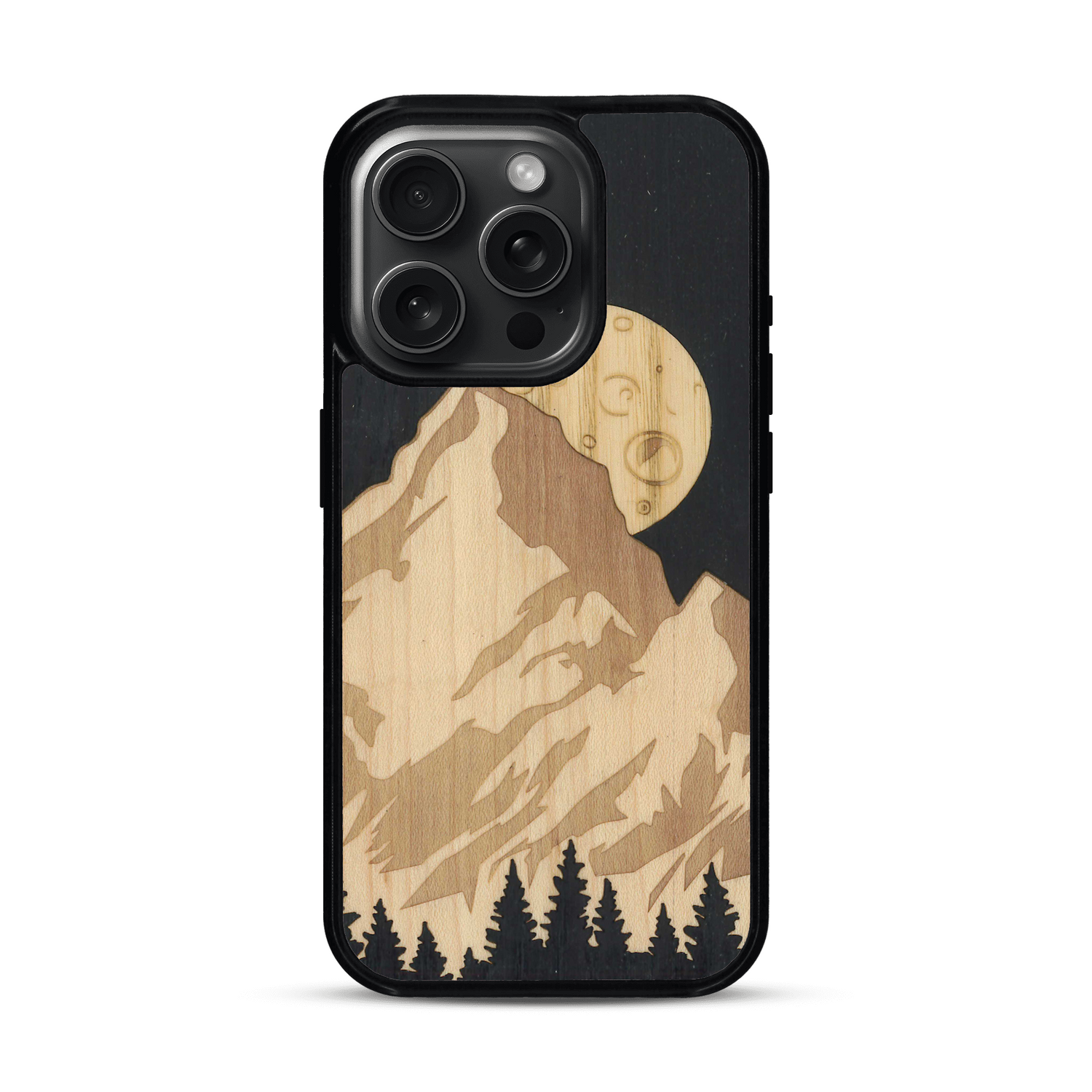 Coque de protection en bois véritable fabriquée en France pour  alliant plusieurs essences de bois pour représenter le mont Everest