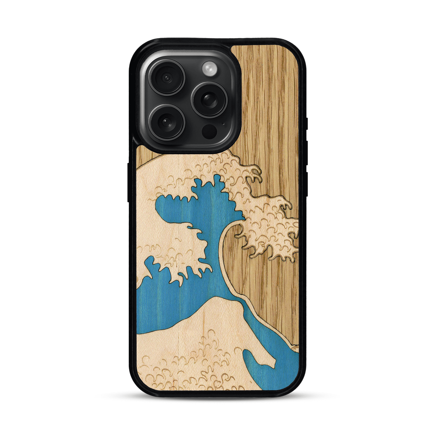 Coque de protection en bois véritable fabriquée en France pour  alliant plusieurs essences de bois pour représenter la célèbre grande vague de Kanagawa
