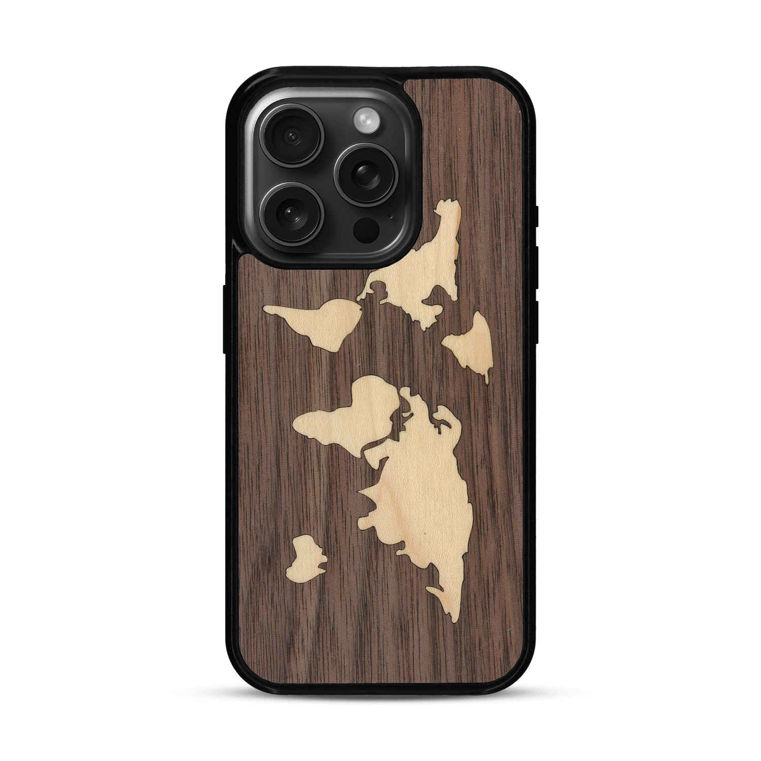 Coque de protection en bois véritable fabriquée en France pour  alliant du bambou et du noyer sur le thème du voyage et de l'aventure représentant une mappemonde