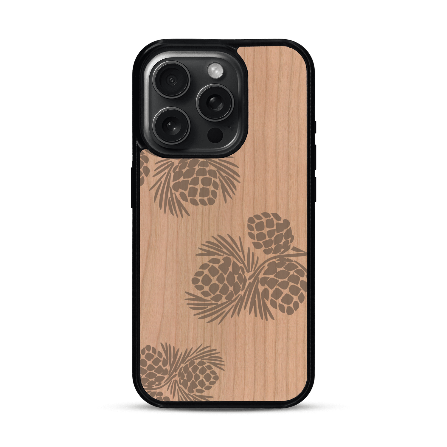 Coque de protection en bois véritable fabriquée en France pour  sur le thème de la nature des arbres avec un motif de gravure représentant des épines de sapin et des pommes de pin