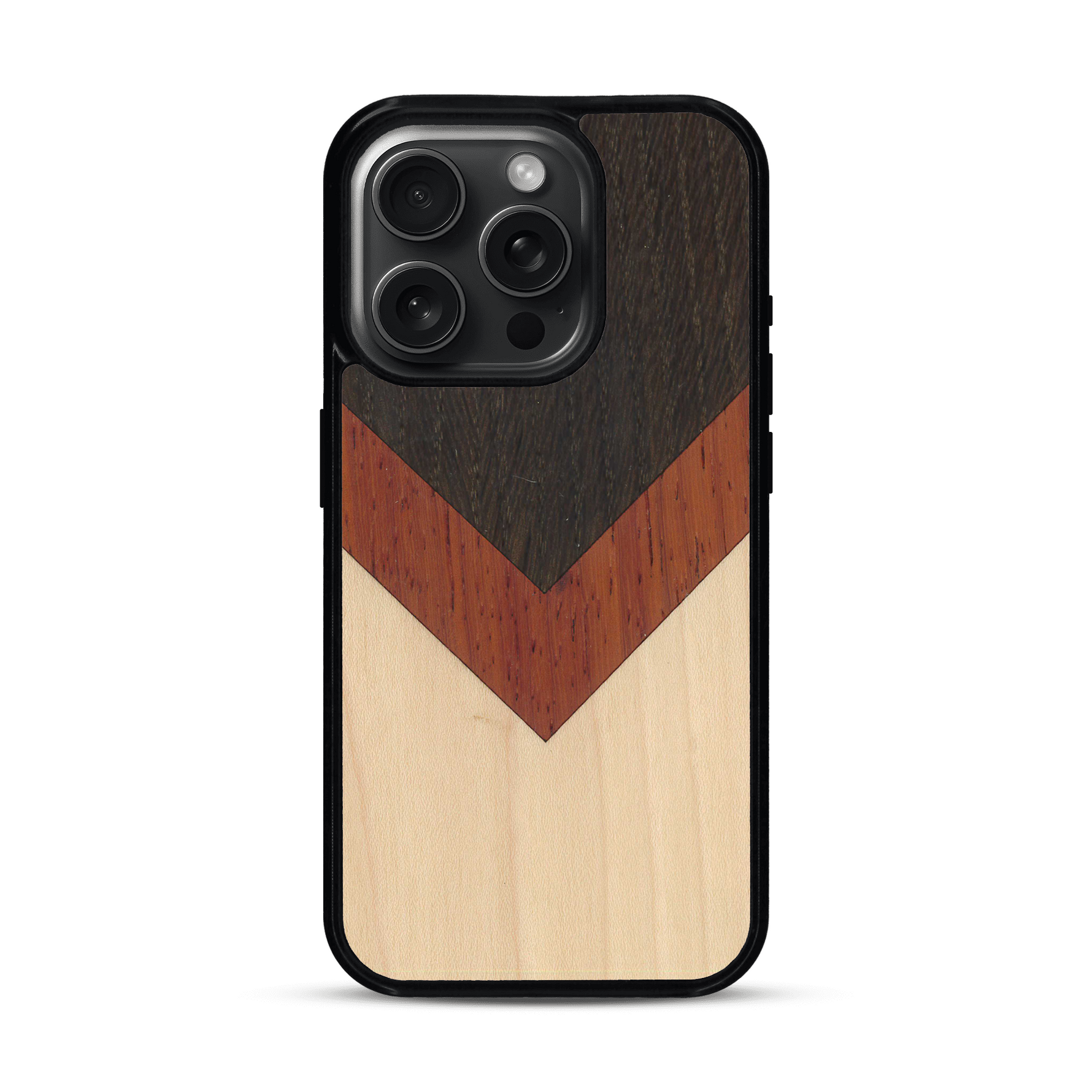 Coque de protection en bois véritable fabriquée en France pour  alliant du chêne fumé, du padouk et du bambou en forme de chevron sur le thème de l'art abstrait