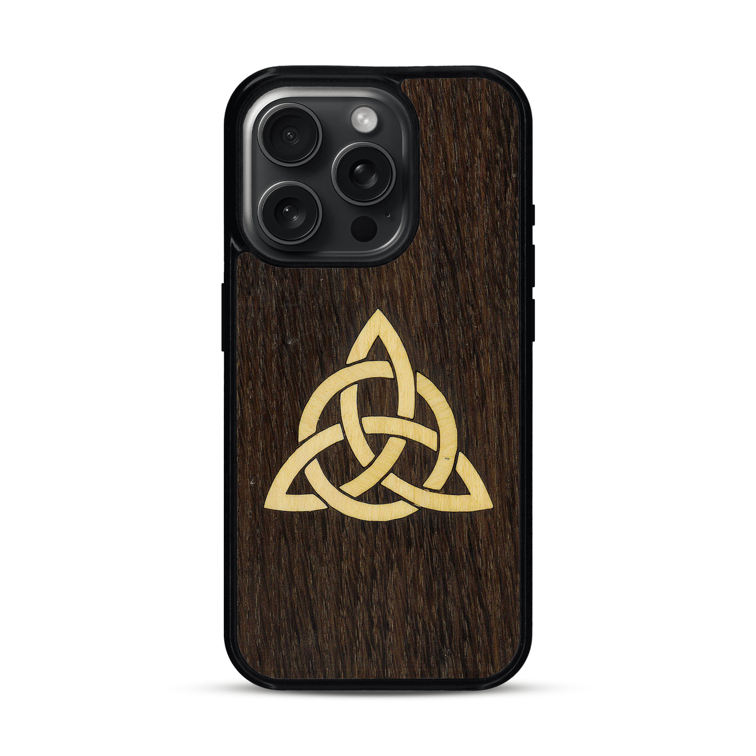 Coque de protection en bois véritable fabriquée en France pour  alliant du chêne fumé et du bambou représentant une triquetra