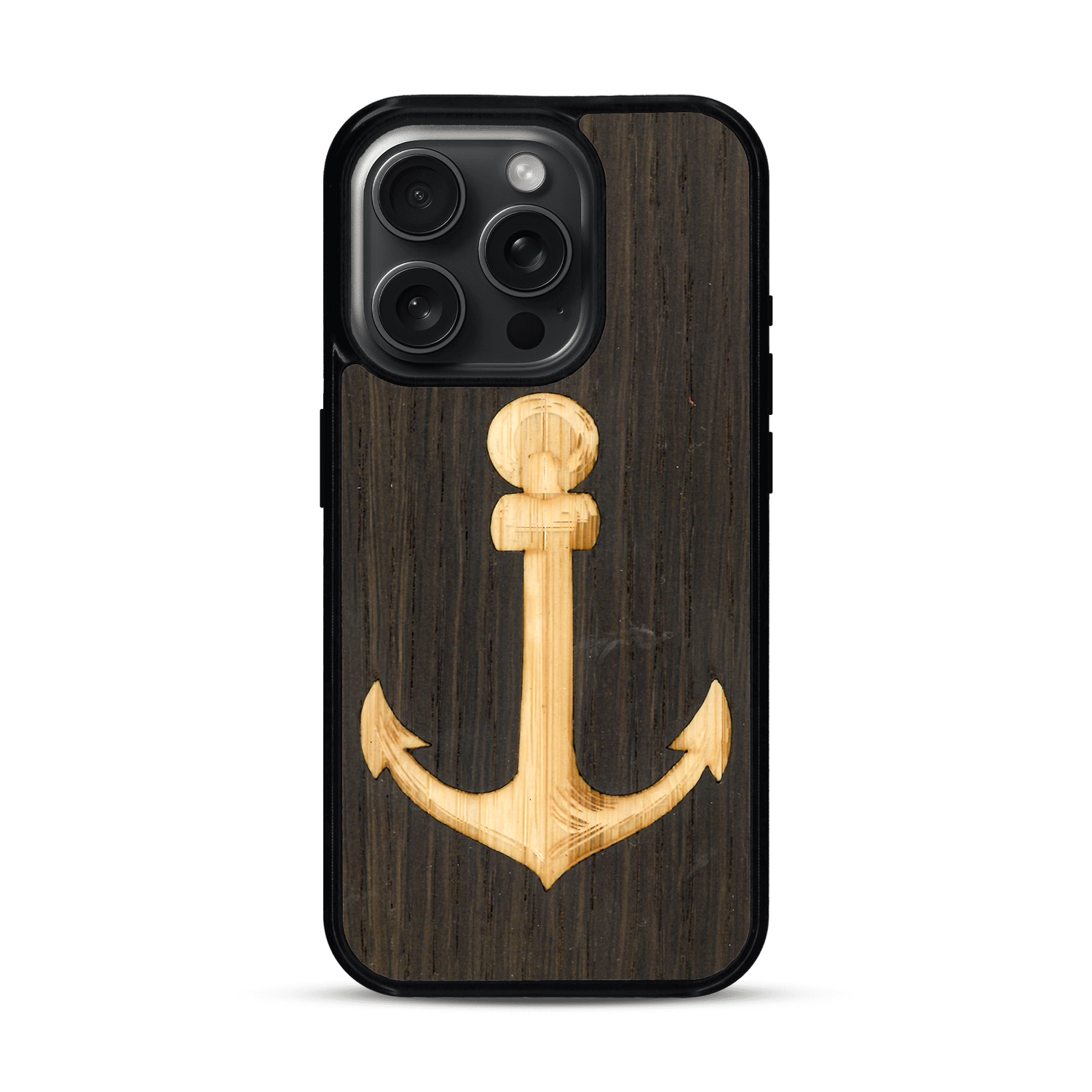 Coque de protection en bois véritable fabriquée en France pour  sur le thème nautique avec un bois clair et un bois foncé représentant une ancre de bateau