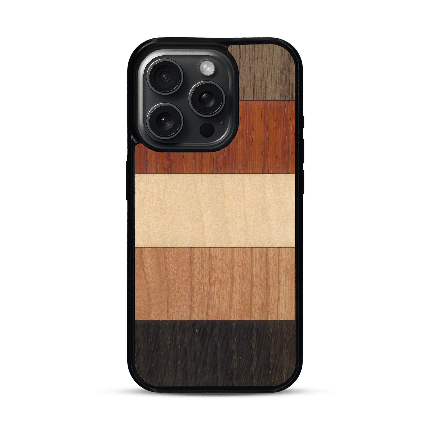 Coque de protection en bois véritable fabriquée en France pour  alliant des bandes horizontales de bambou, merisier, padouk, noyer et chêne fumé
