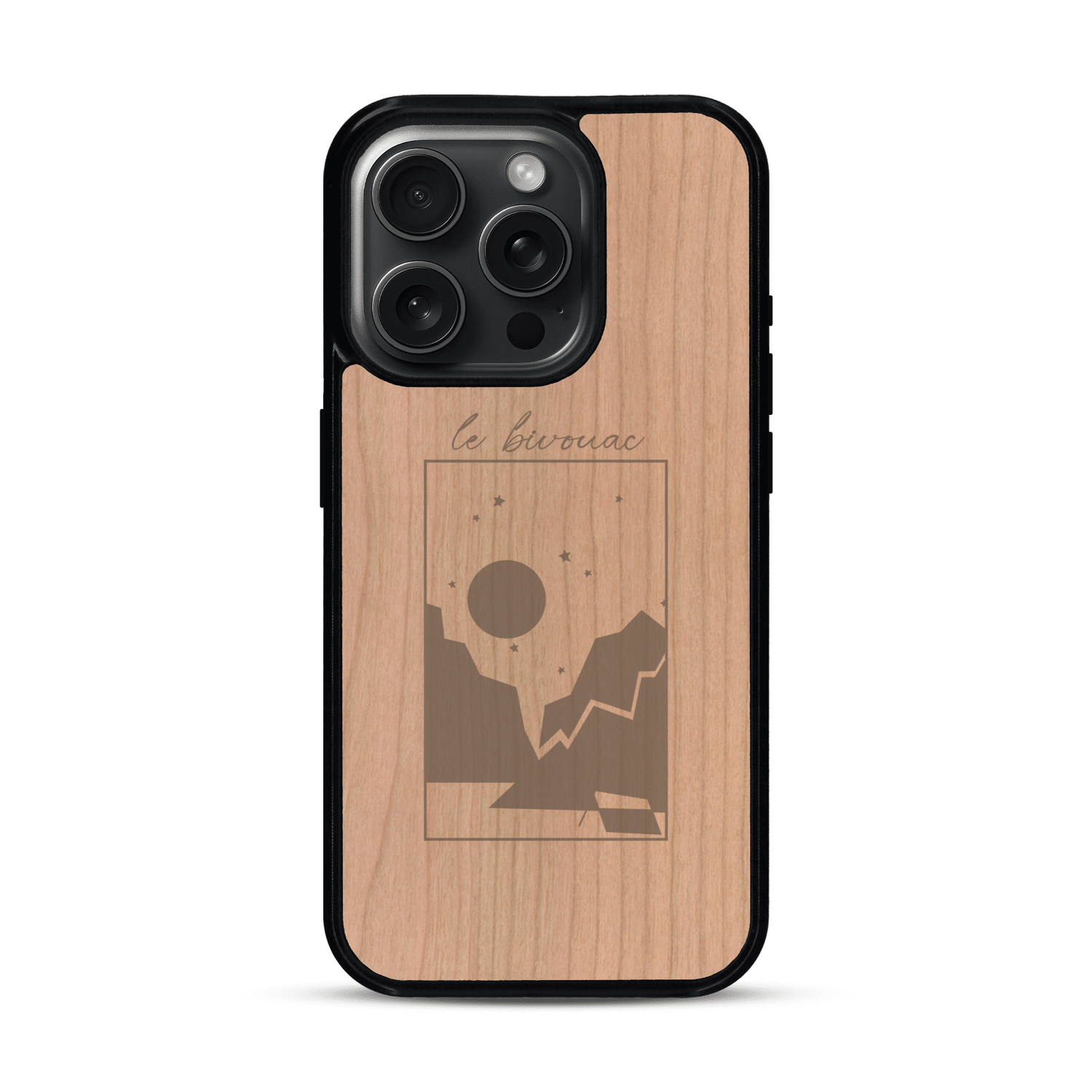 Coque de protection en bois véritable fabriquée en France pour  sur le thème du camping en pleine nature et du bivouac avec la phrase "Aventure is out there"