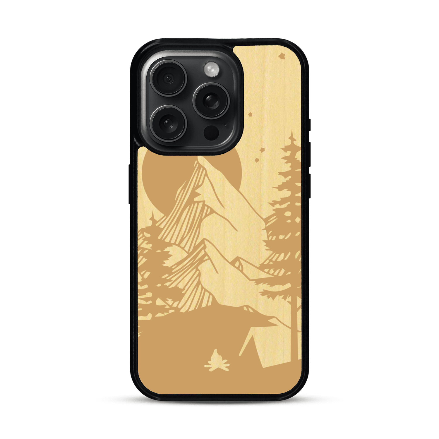 Coque de protection en bois véritable fabriquée en France pour  sur le thème du camping en pleine nature représentant une tente avec un feu de camp entouré de montagnes
