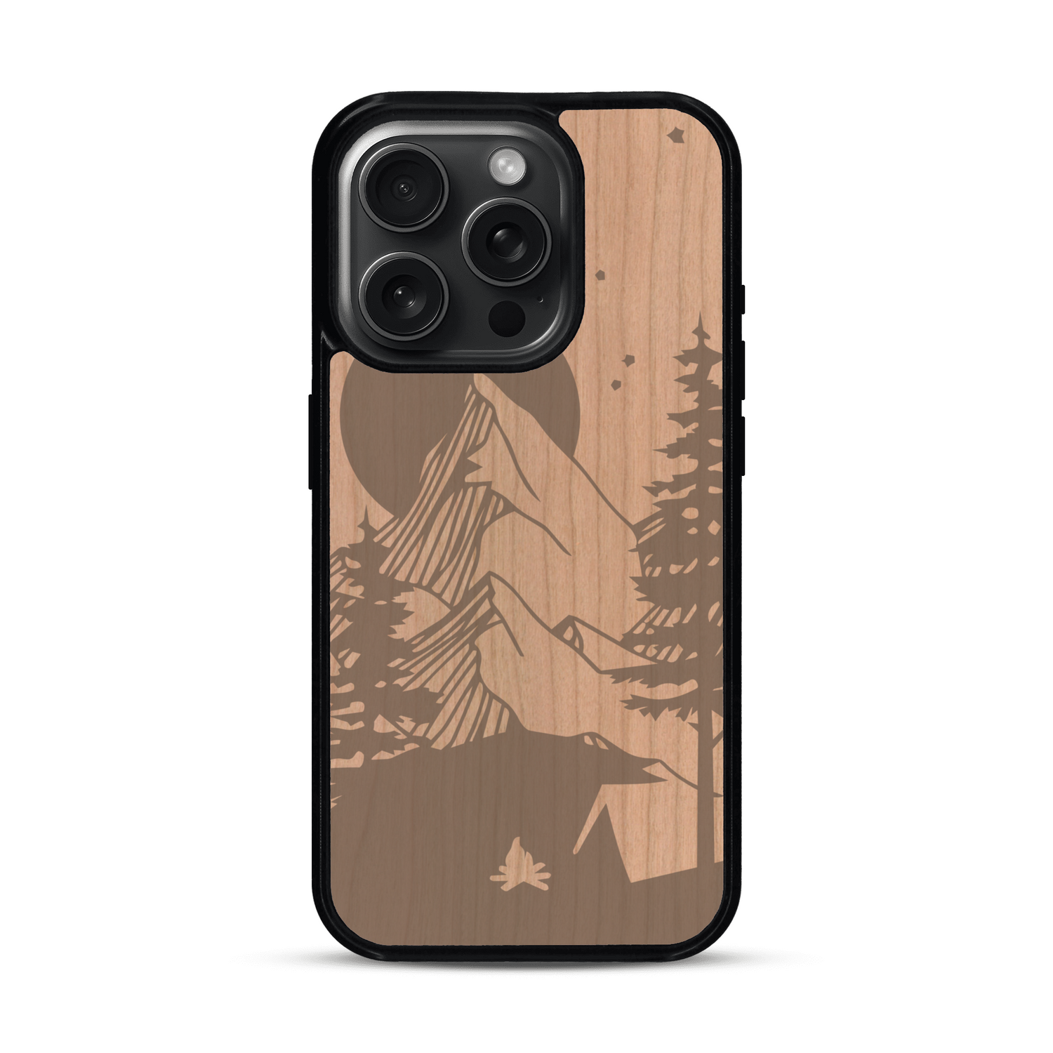 Coque de protection en bois véritable fabriquée en France pour  sur le thème du camping en pleine nature représentant une tente avec un feu de camp entouré de montagnes