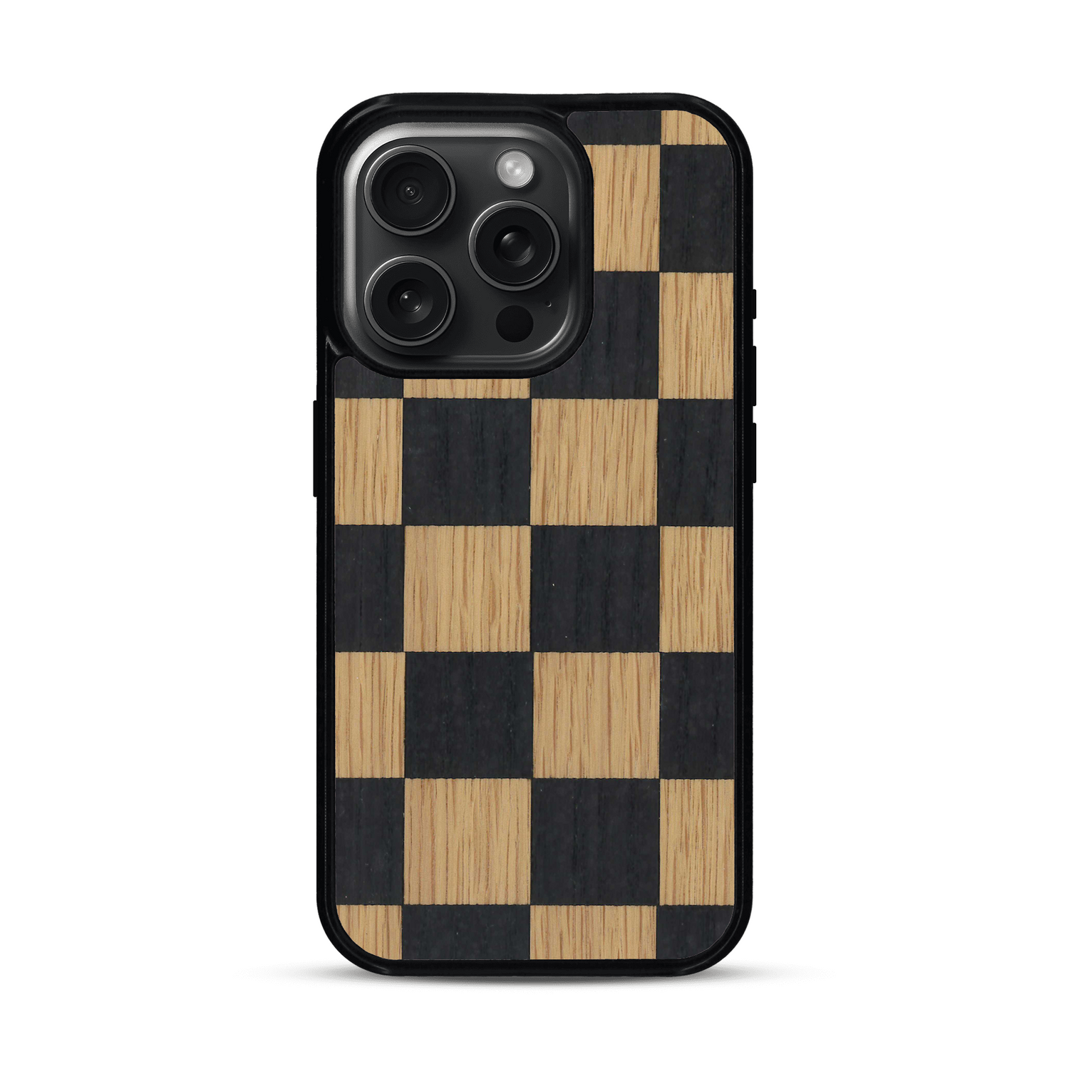 Coque de protection en bois véritable fabriquée en France pour  alliant plusieurs essences de bois pour représenter un damier
