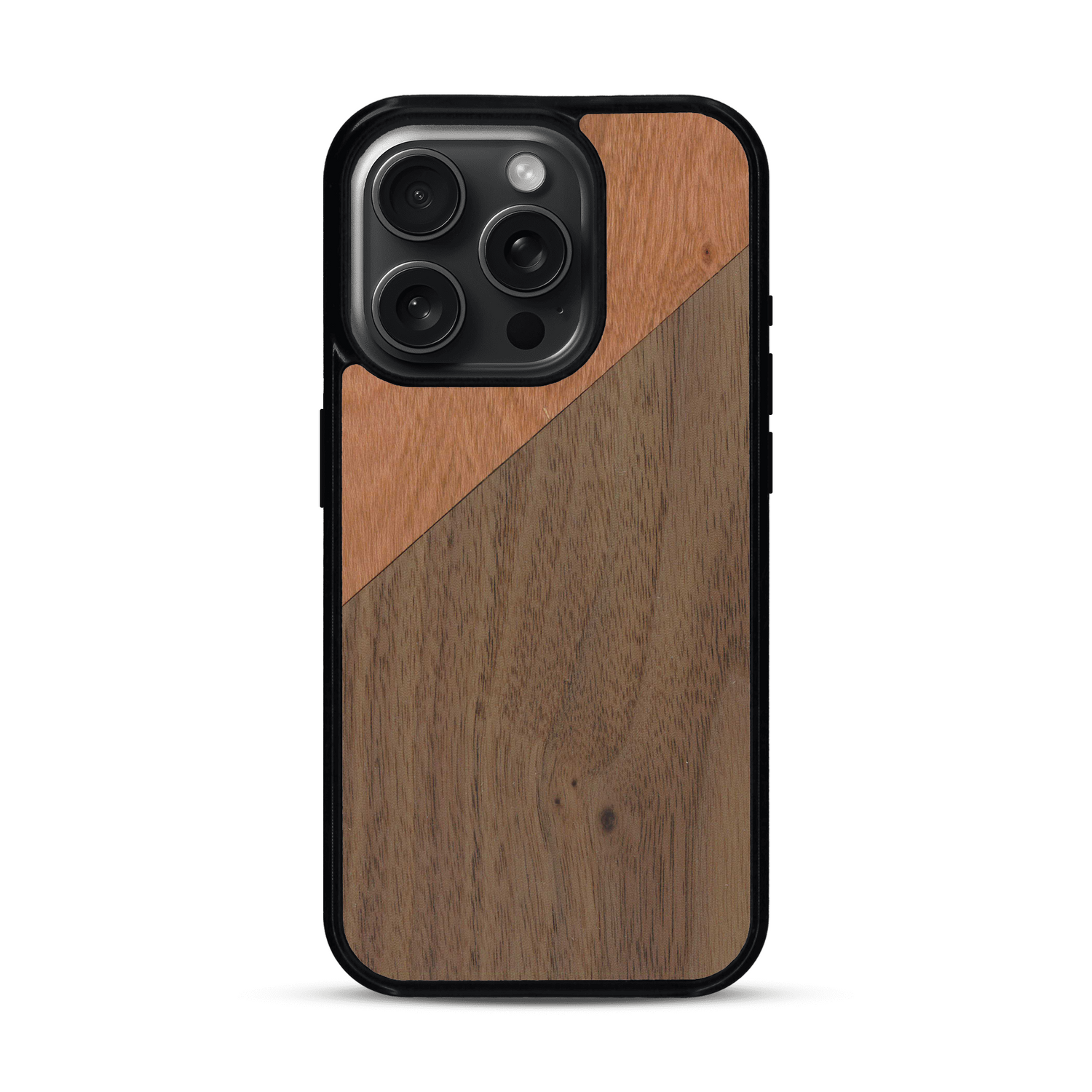 Coque de protection en bois véritable fabriquée en France pour  alliant du merisier et du noyer formant chacun un triangle avec une jointure en diagonale sur le thème de l'art abstrait