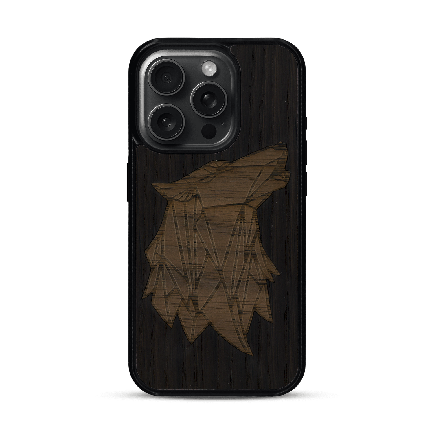 Coque de protection en bois véritable fabriquée en France pour  alliant du chêne fumé et du noyer représentant une tête de loup géométrique de profil sur le thème des animaux et de la nature