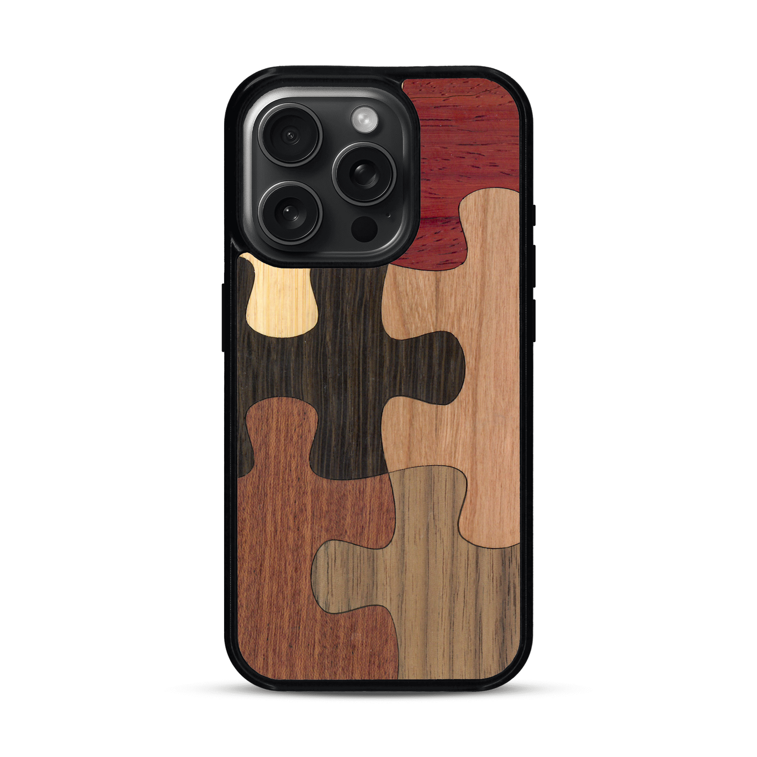 Coque de protection en bois véritable fabriquée en France pour  représentant un puzzle en six pièces qui allie du chêne fumé, du noyer, du bambou, du padouk, du merisier et de l'acajou