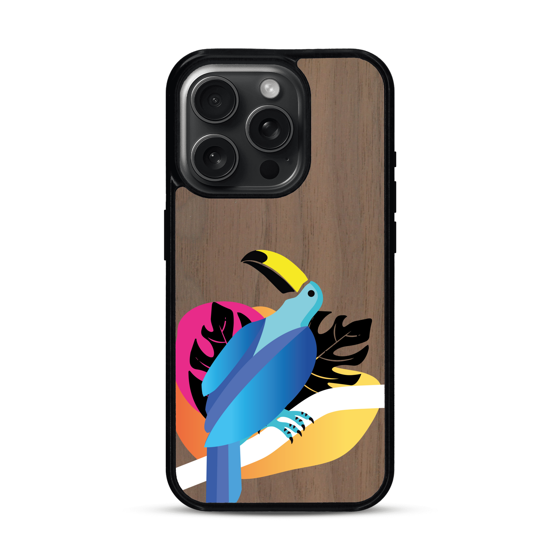 Coque de protection en bois véritable fabriquée en France pour iPhone 15 Pro représentant un toucan coloré avec un design moderne et minimaliste sur le thème de la jungle et de la nature