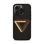 Coque de protection en bois véritable fabriquée en France pour  sur le thème de l'art géométrique qui allie du chêne fumé, du noyer, du bambou et du padouk représentant le triangle de penrose