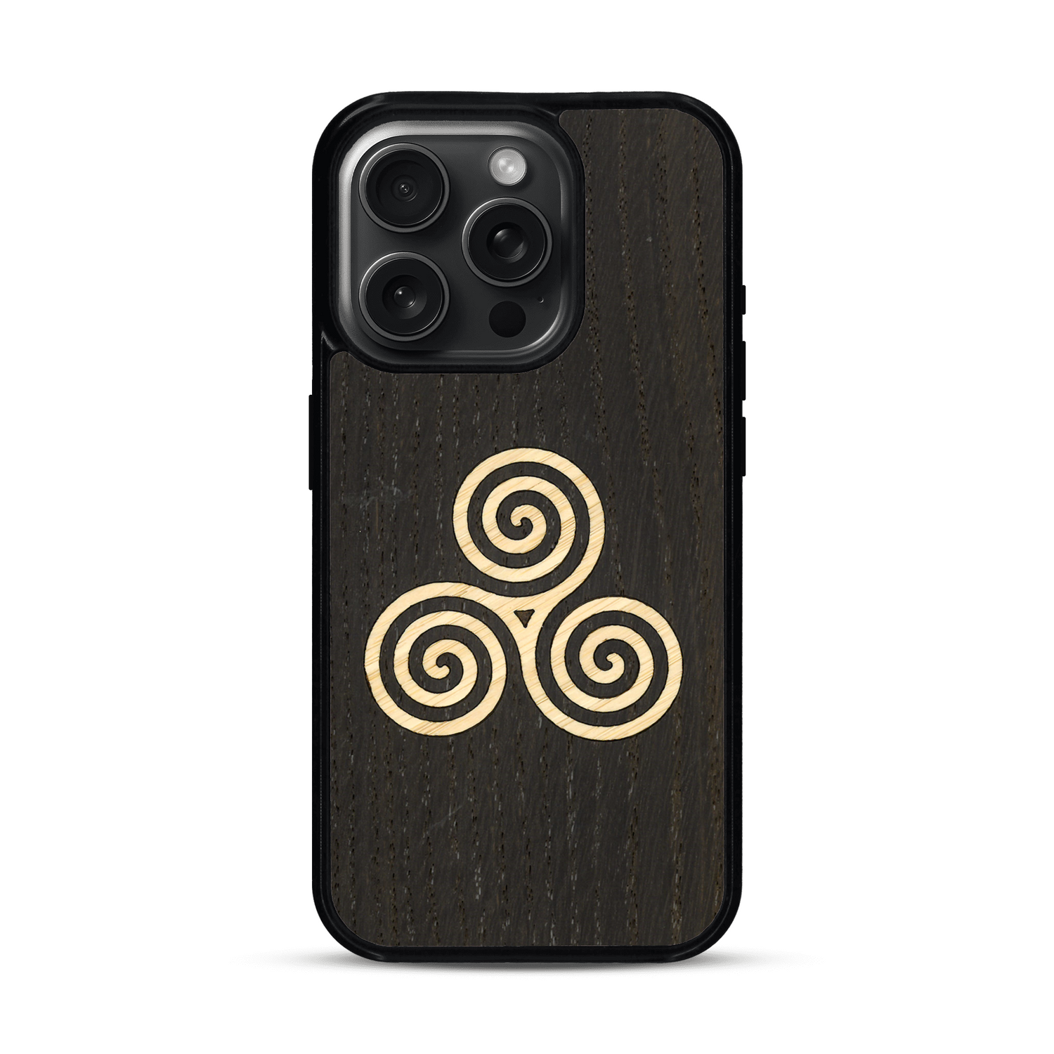 Coque de protection en bois véritable fabriquée en France pour  alliant du chêne fumé et du bambou et doré représentant un triskell