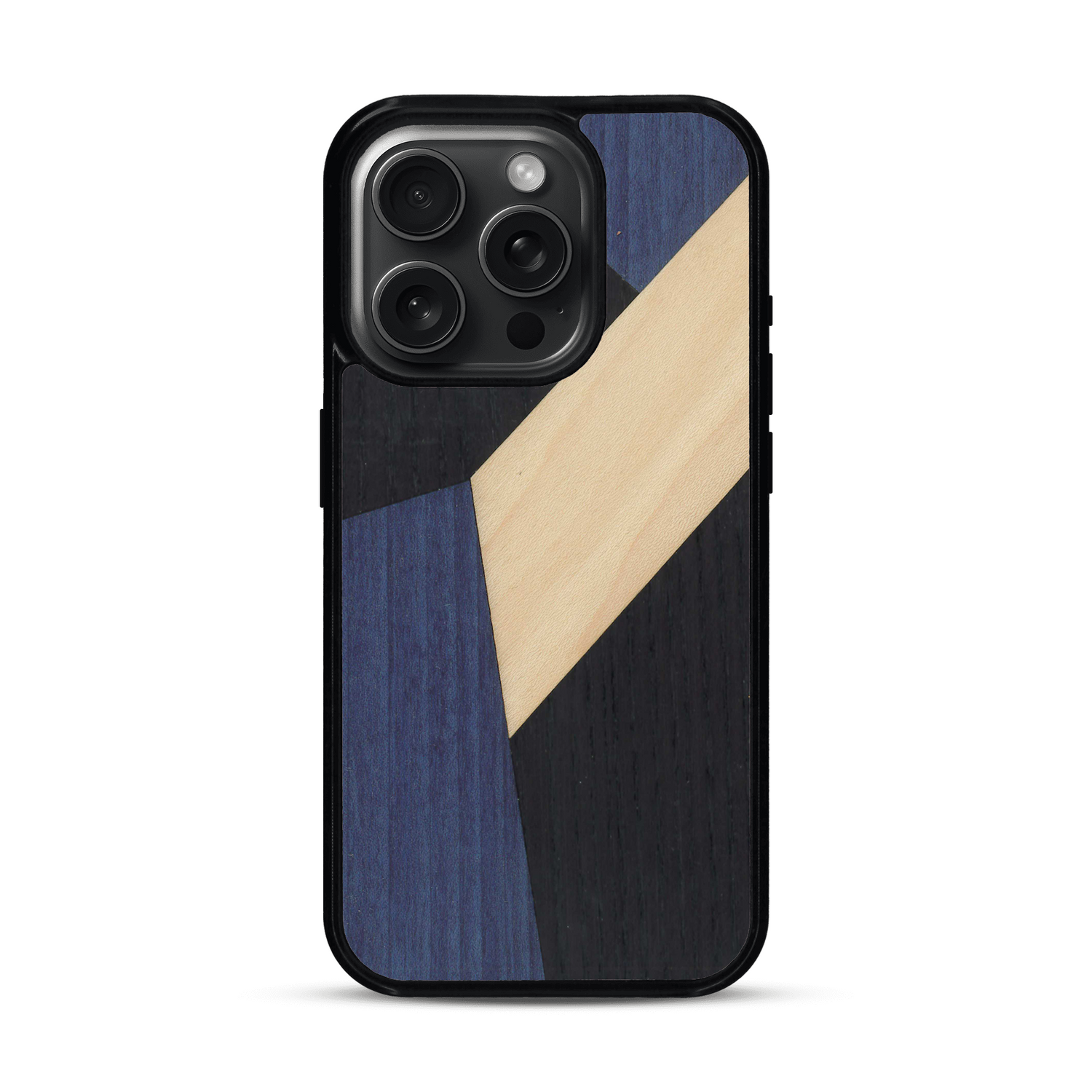 Coque de protection en bois véritable fabriquée en France pour  alliant du bambou, du tulipier bleu et noir en forme de mosaïque minimaliste sur le thème de l'art abstrait