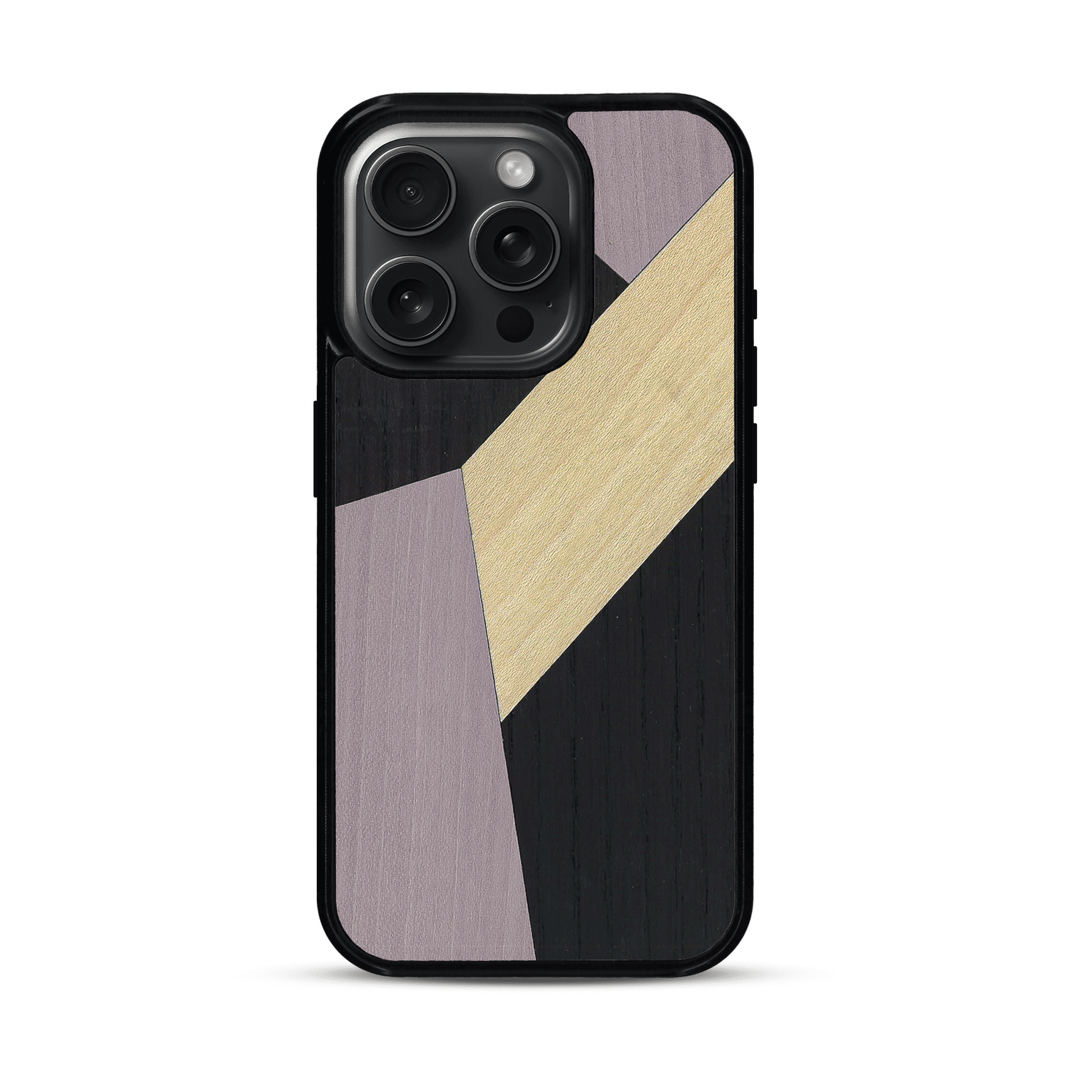 Coque de protection en bois véritable fabriquée en France pour  alliant du bambou, du tulipier mauve et noir en forme de mosaïque minimaliste sur le thème de l'art abstrait