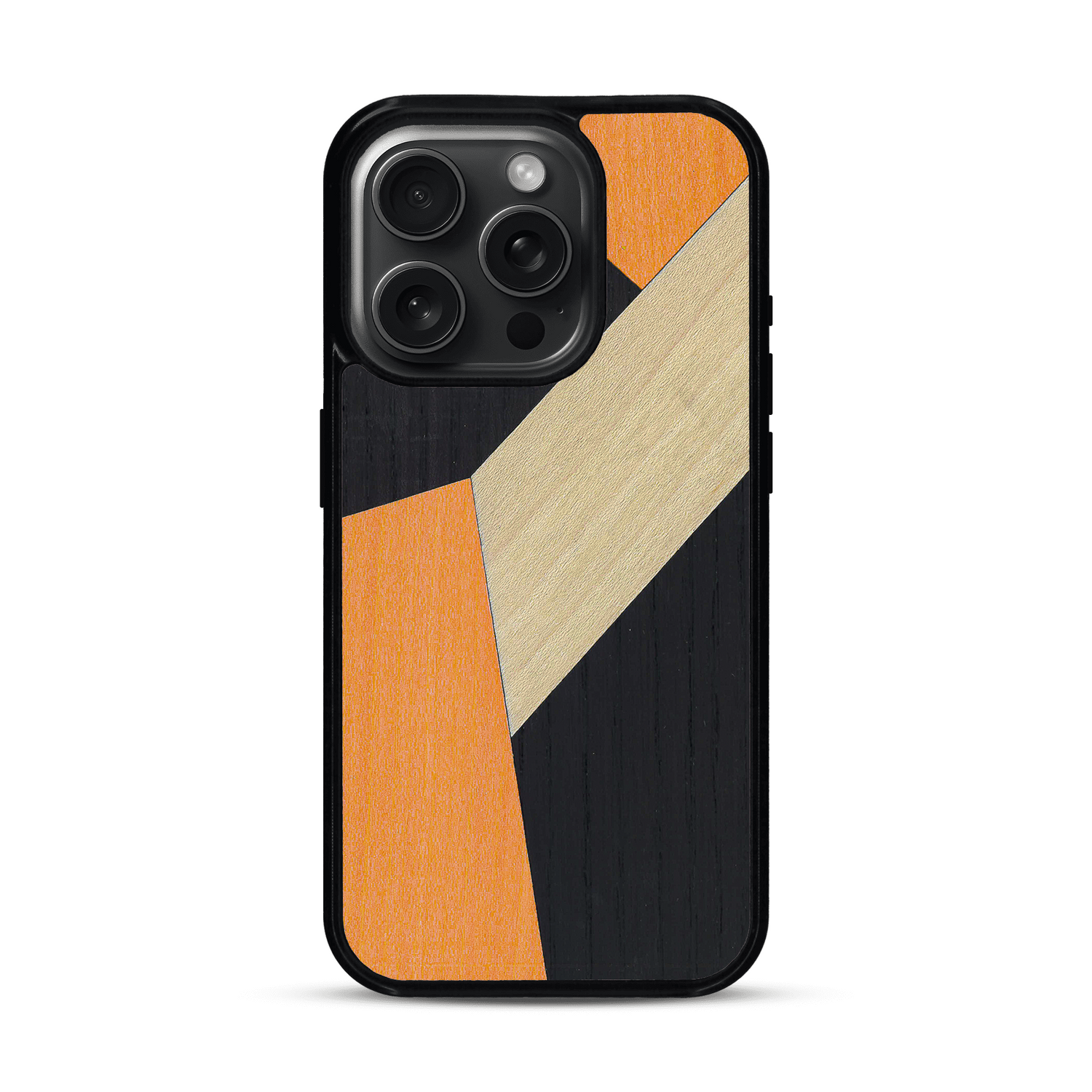 Coque de protection en bois véritable fabriquée en France pour  alliant du bambou, du tulipier orange et noir en forme de mosaïque minimaliste sur le thème de l'art abstrait