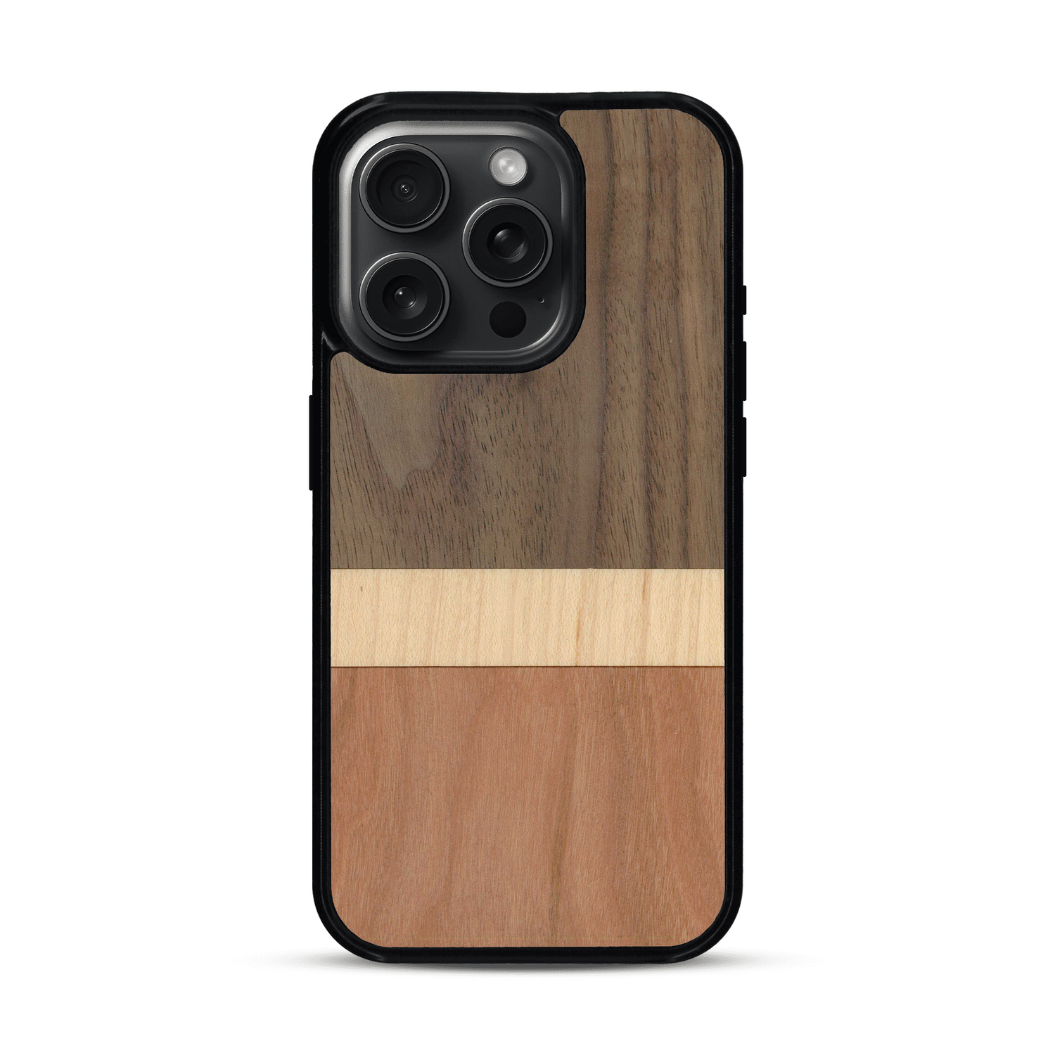 Coque de protection en bois véritable fabriquée en France pour  alliant des bandes horizontales de bambou, merisier et noyer