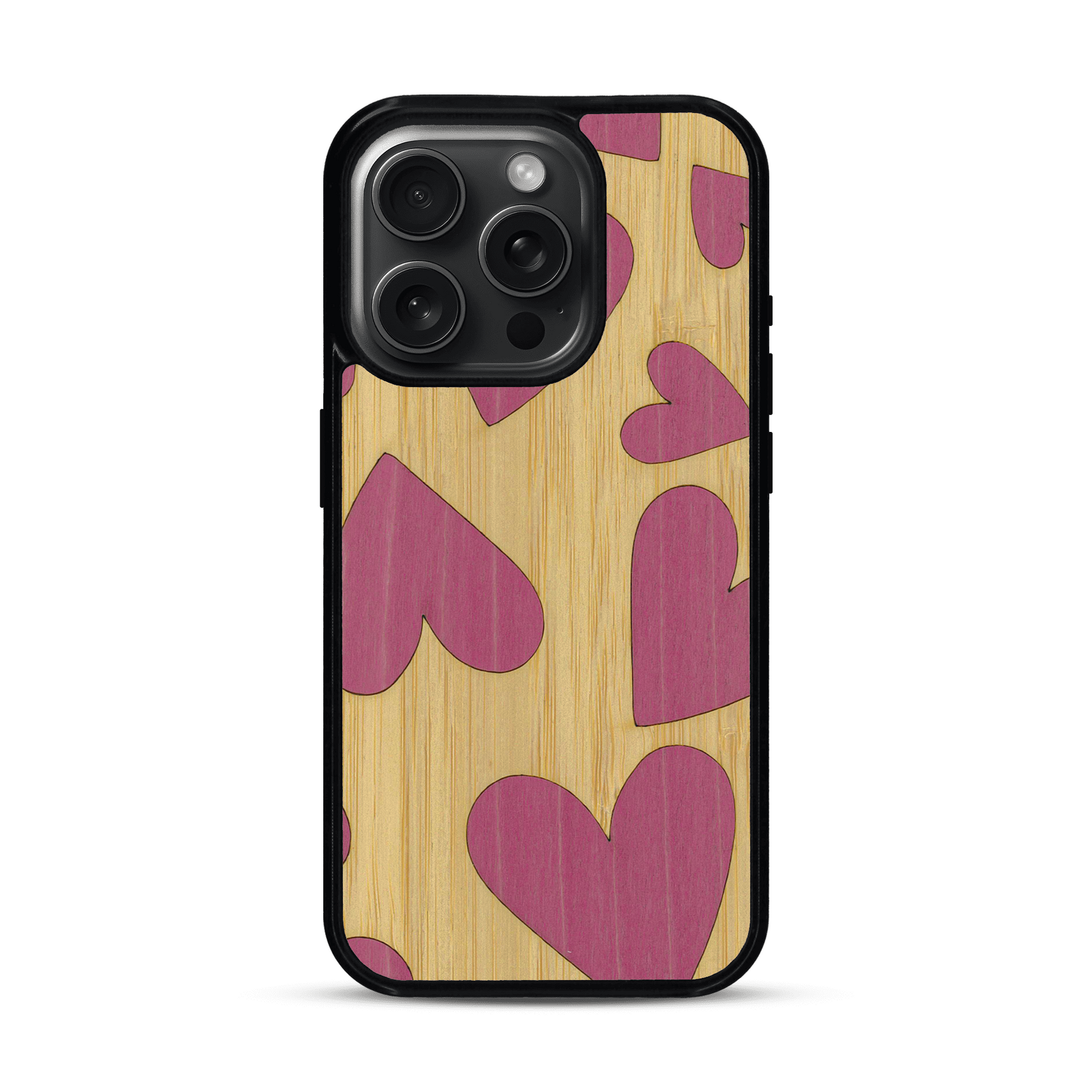 Coque de protection en bois véritable fabriquée en France pour  alliant plusieurs essences de bois pour représenter des coeurs pour les amoureux