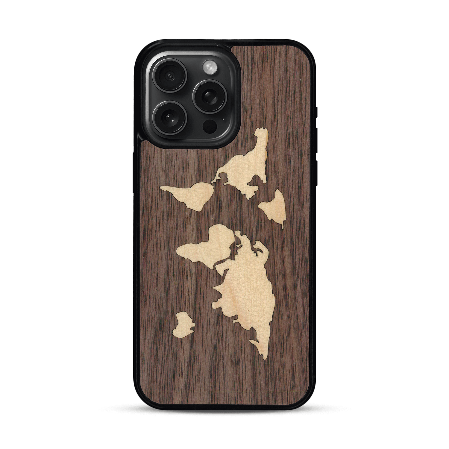 Coque de protection en bois véritable fabriquée en France pour  alliant du bambou et du noyer sur le thème du voyage et de l'aventure représentant une mappemonde