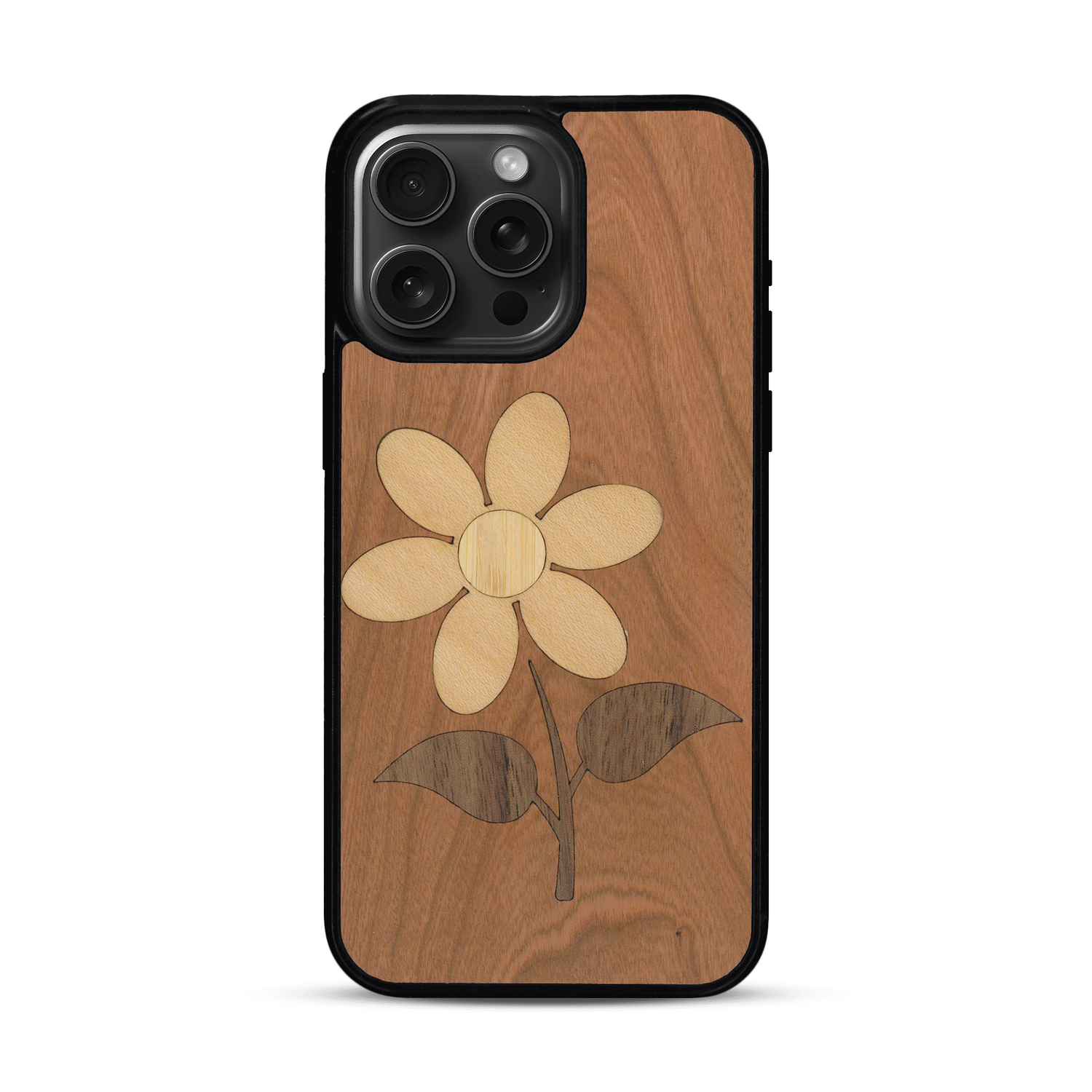 Coque de protection en bois véritable fabriquée en France pour  alliant plusieurs essences de bois pour représenter une marguerite
