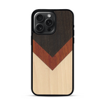 Coque de protection en bois véritable fabriquée en France pour  alliant du chêne fumé, du padouk et du bambou en forme de chevron sur le thème de l'art abstrait