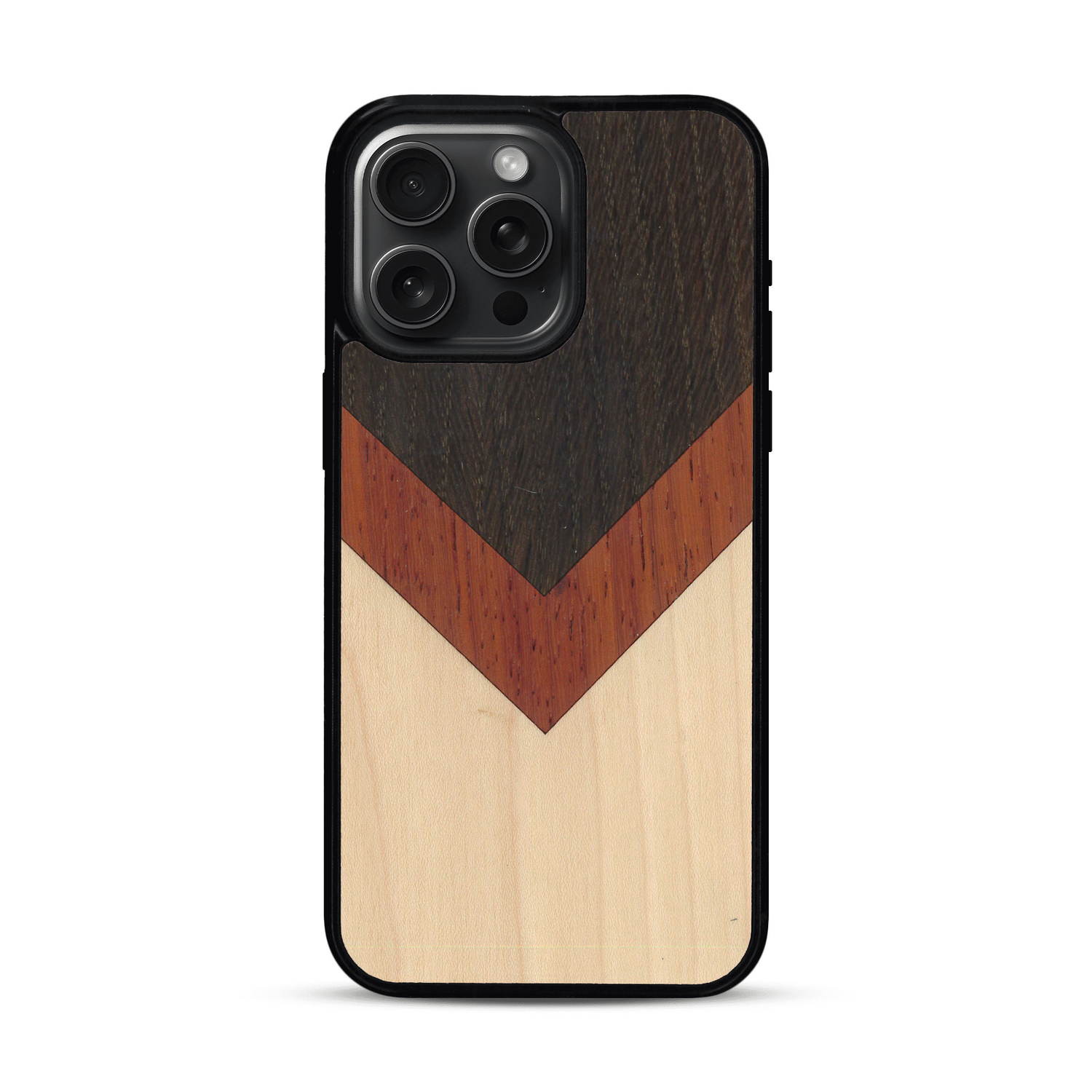 Coque de protection en bois véritable fabriquée en France pour  alliant du chêne fumé, du padouk et du bambou en forme de chevron sur le thème de l'art abstrait