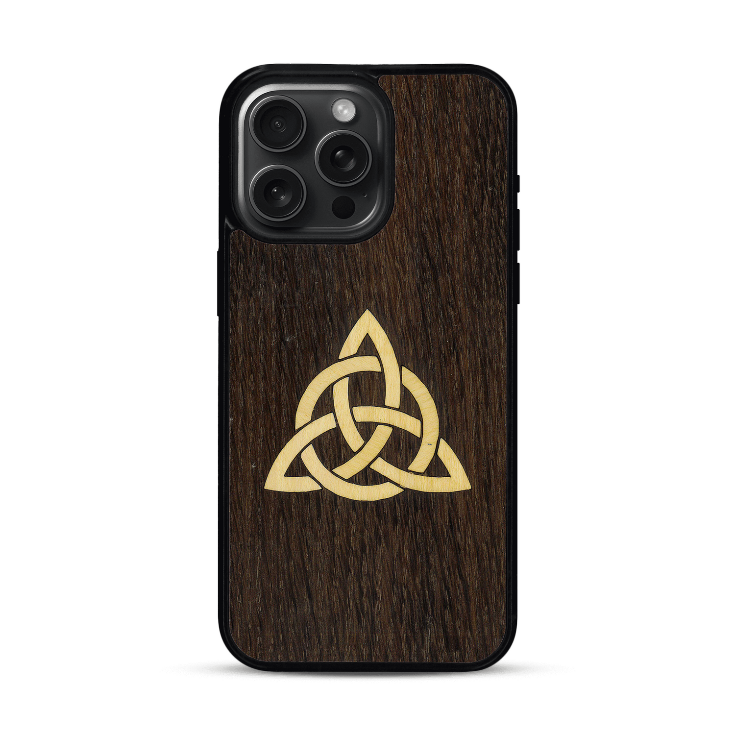Coque de protection en bois véritable fabriquée en France pour  alliant du chêne fumé et du bambou représentant une triquetra