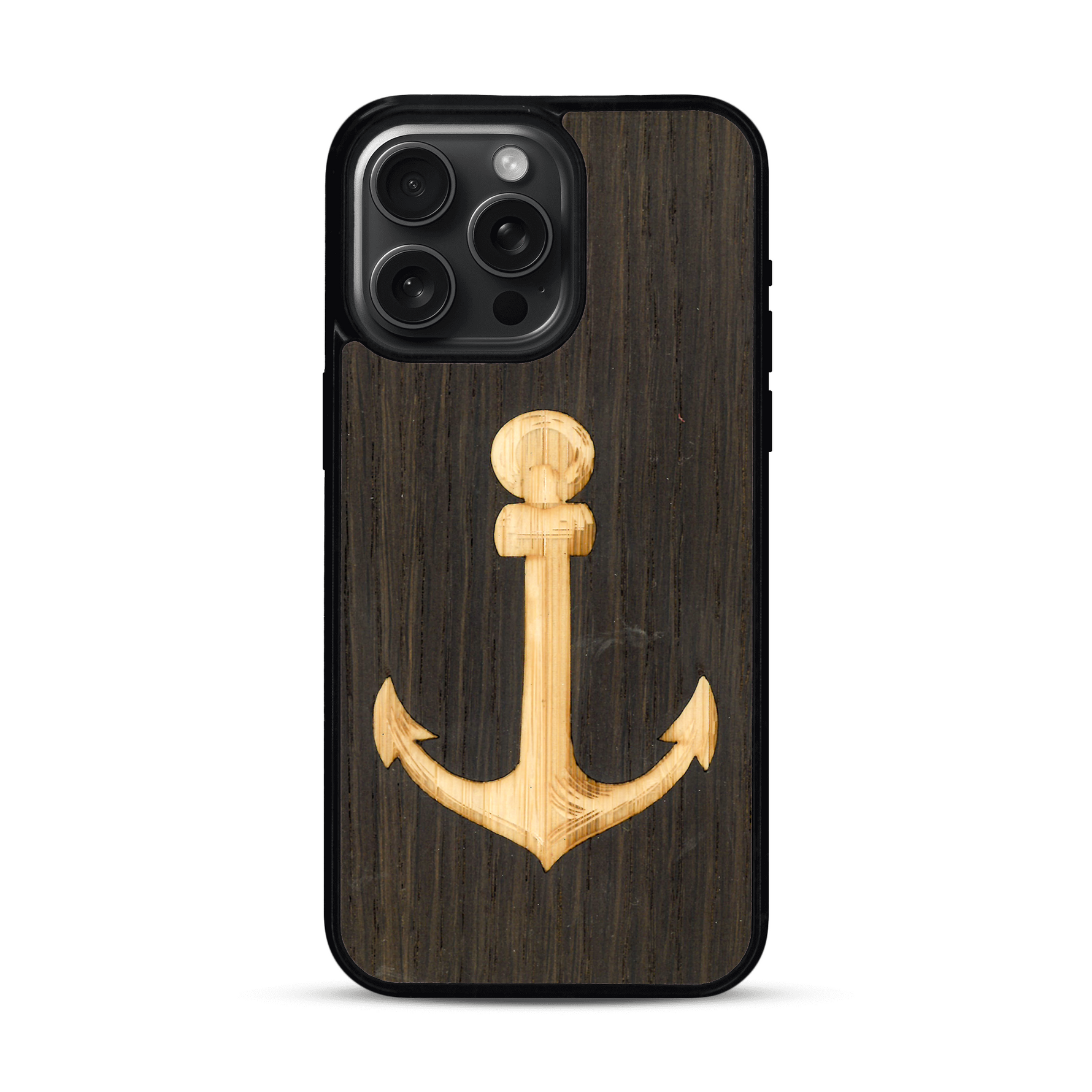 Coque de protection en bois véritable fabriquée en France pour  sur le thème nautique avec un bois clair et un bois foncé représentant une ancre de bateau