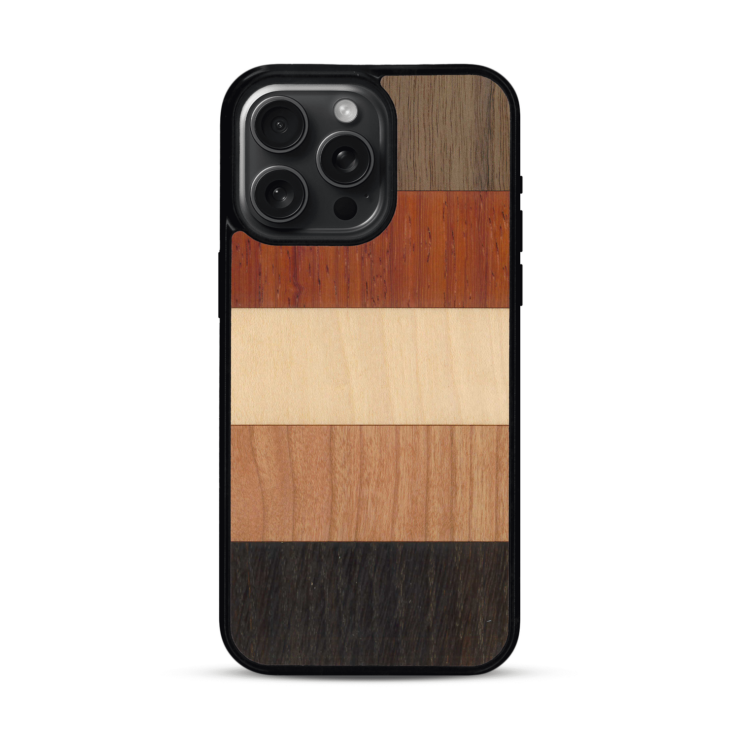 Coque de protection en bois véritable fabriquée en France pour  alliant des bandes horizontales de bambou, merisier, padouk, noyer et chêne fumé