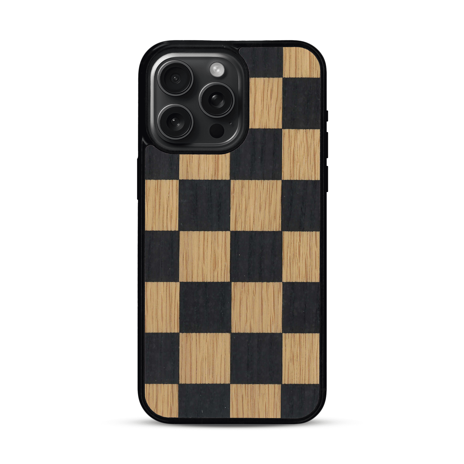 Coque de protection en bois véritable fabriquée en France pour  alliant plusieurs essences de bois pour représenter un damier