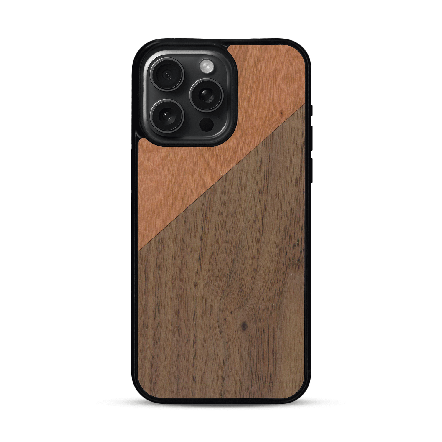 Coque de protection en bois véritable fabriquée en France pour  alliant du merisier et du noyer formant chacun un triangle avec une jointure en diagonale sur le thème de l'art abstrait