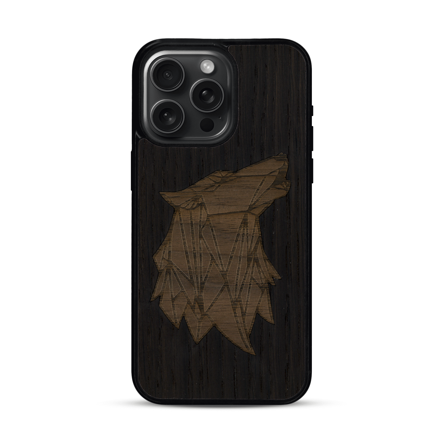 Coque de protection en bois véritable fabriquée en France pour  alliant du chêne fumé et du noyer représentant une tête de loup géométrique de profil sur le thème des animaux et de la nature