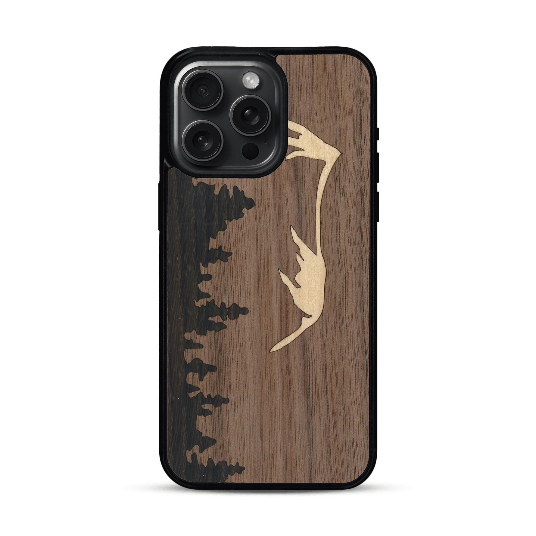 Coque de protection en bois véritable fabriquée en France pour  sur le thème de la nature et de la montagne qui allie du chêne fumé, du noyer et du bambou représentant le mont mézenc