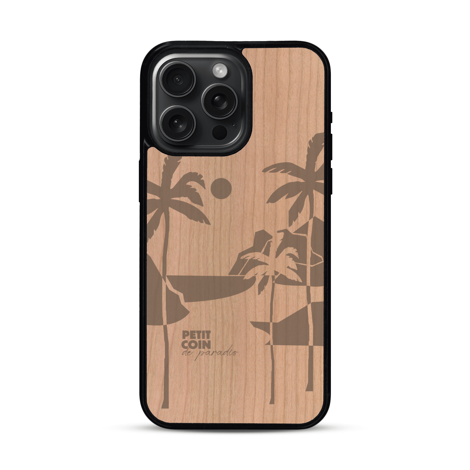 Coque de protection en bois véritable fabriquée en France pour  sur le thème des voyages en vans, vanlife et chill avec une gravure représentant un van vw combi devant le soleil couchant sur une plage avec des vagues
