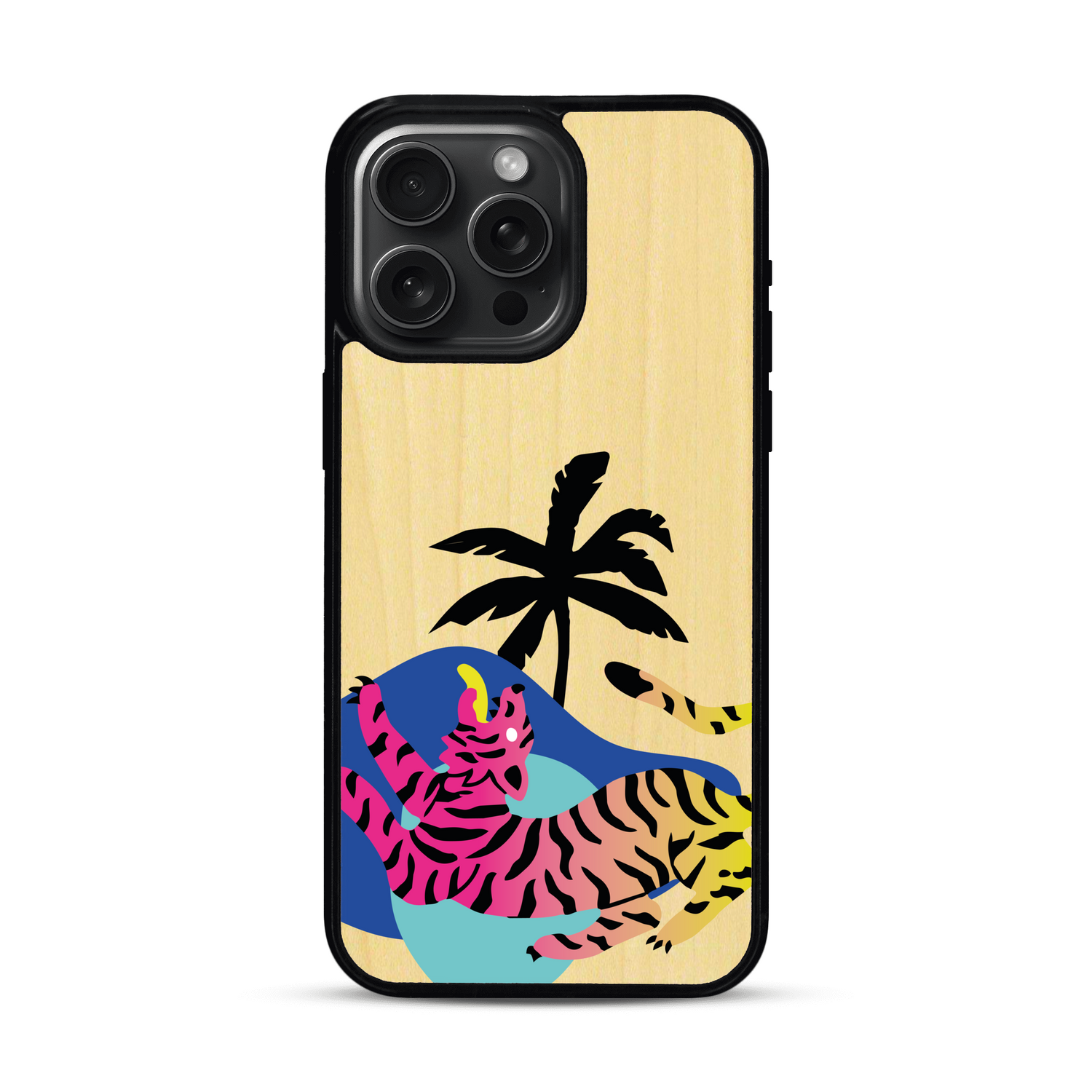 Coque de protection en bois véritable fabriquée en France pour iPhone 15 Pro Max représentant un tigre coloré avec un design moderne et minimaliste sur le thème de la jungle et de la nature