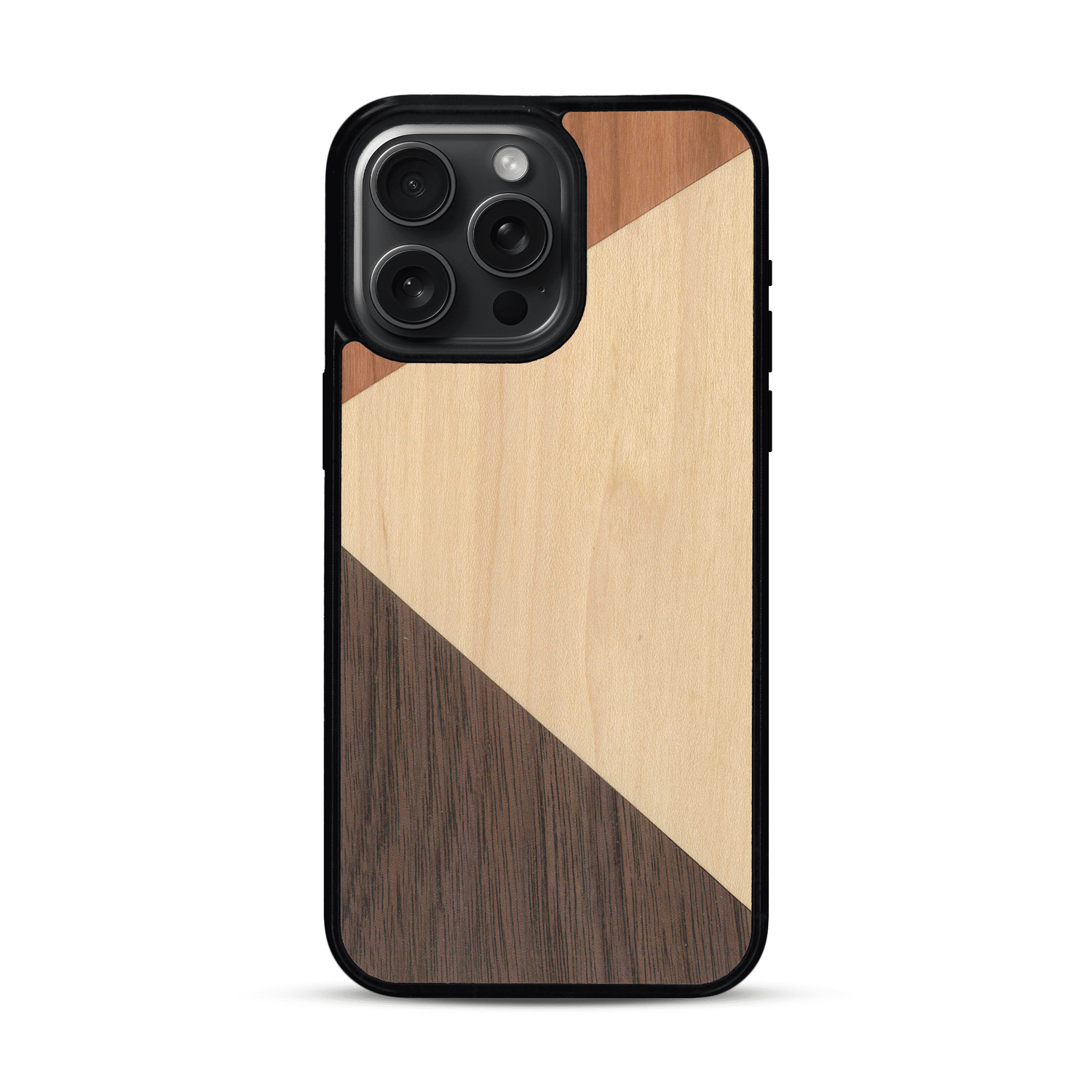 Coque de protection en bois véritable fabriquée en France pour  alliant du merisier, du noyer et du bambou formant chacun deux triangles et un trapèze avec deux jointures en diagonale sur le thème de l'art abstrait