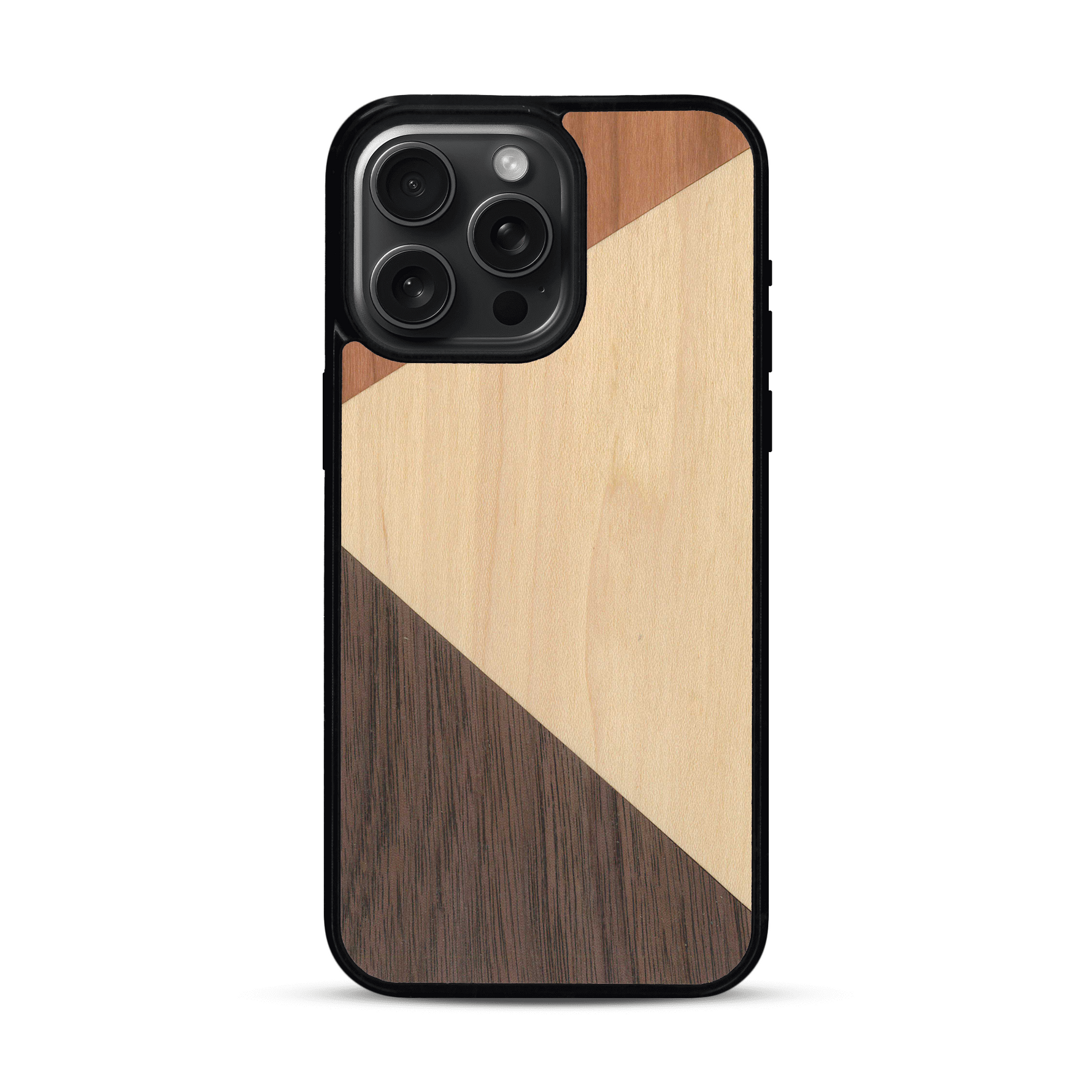 Coque de protection en bois véritable fabriquée en France pour  alliant du merisier, du noyer et du bambou formant chacun deux triangles et un trapèze avec deux jointures en diagonale sur le thème de l'art abstrait